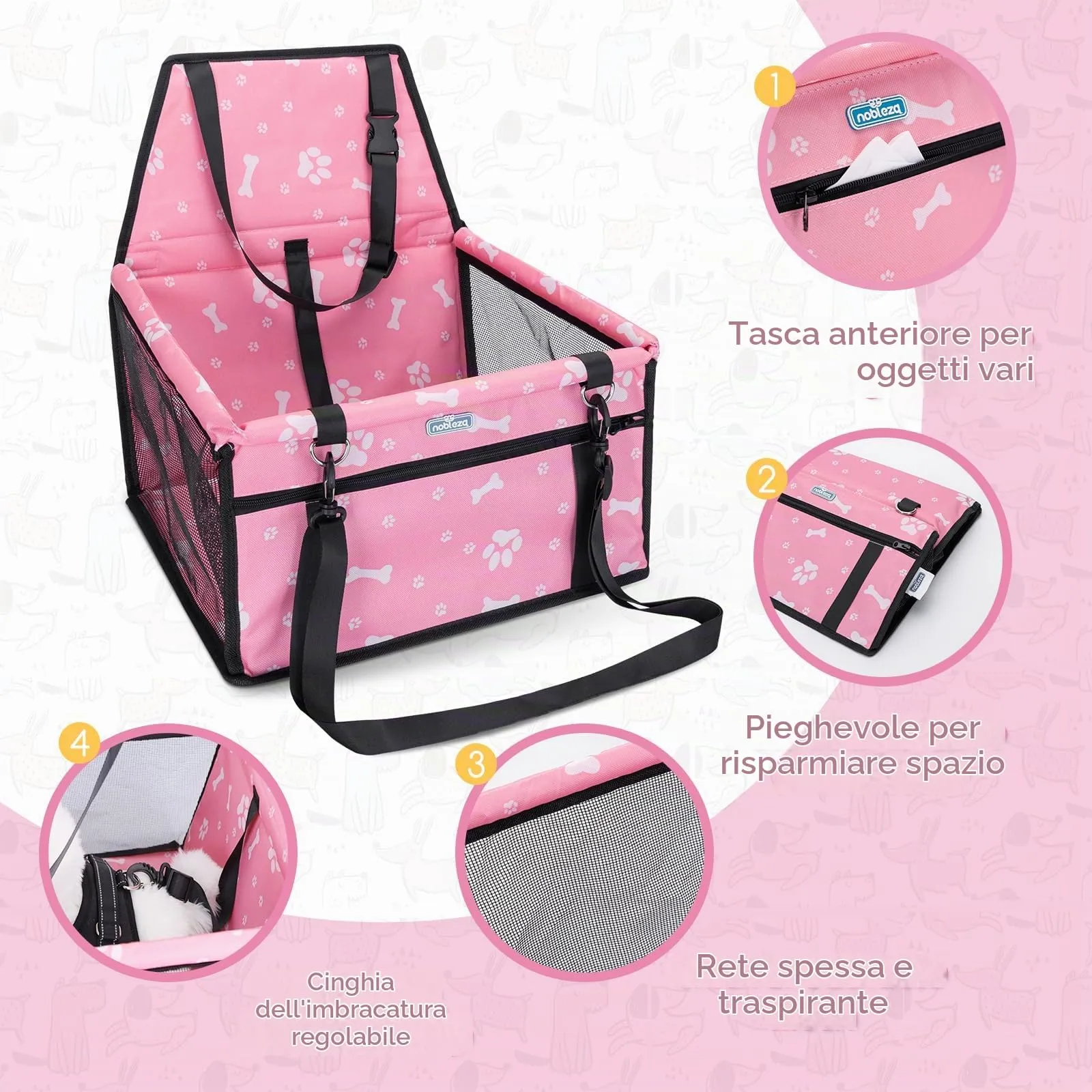 Nobleza Seggiolino Auto per Cani e Gatti, Trasportino Impermeabile e Pieghevole con Cintura di Sicurezza, 40x34x25cm, Rosa - immagine 5