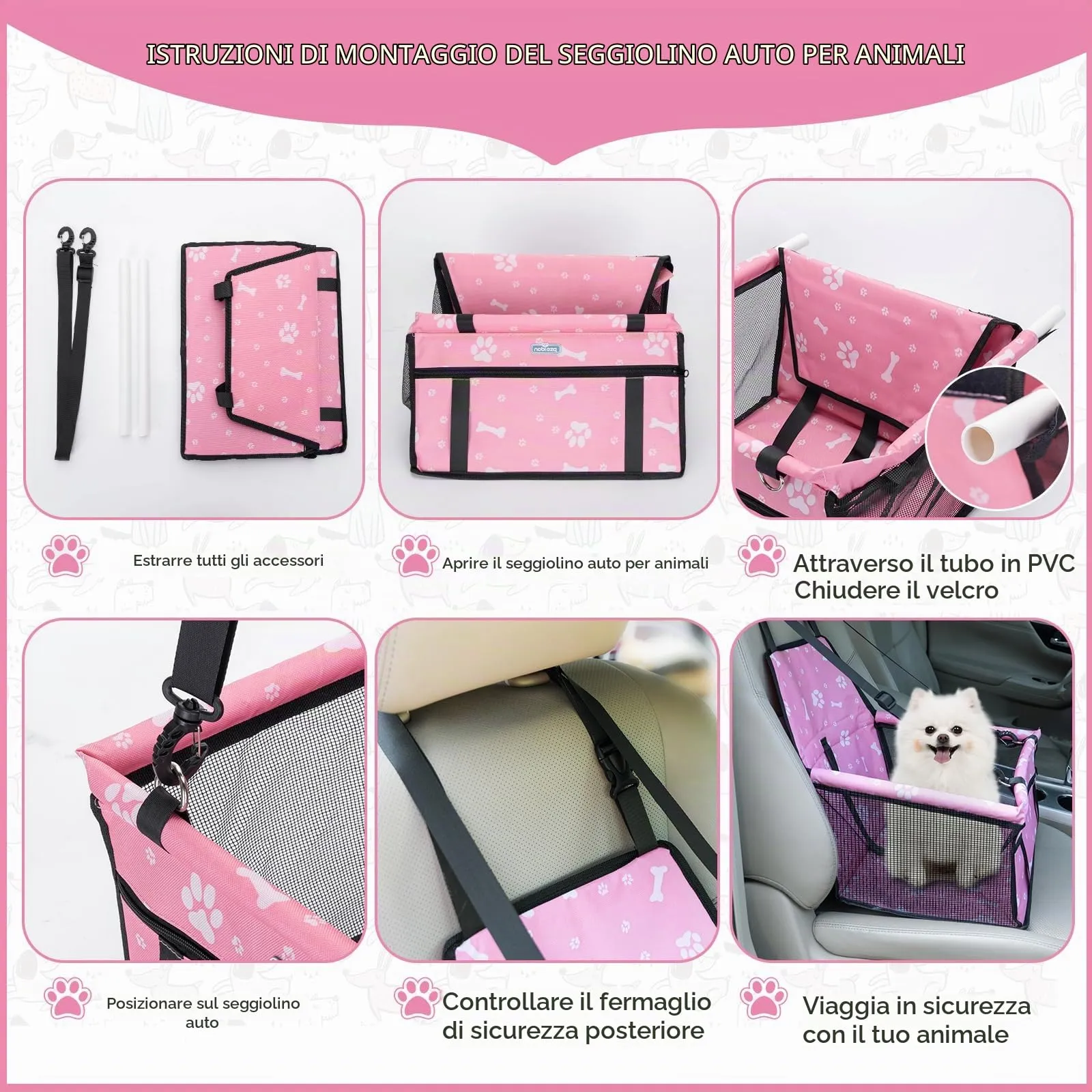 Nobleza Seggiolino Auto per Cani e Gatti, Trasportino Impermeabile e Pieghevole con Cintura di Sicurezza, 40x34x25cm, Rosa - immagine 6