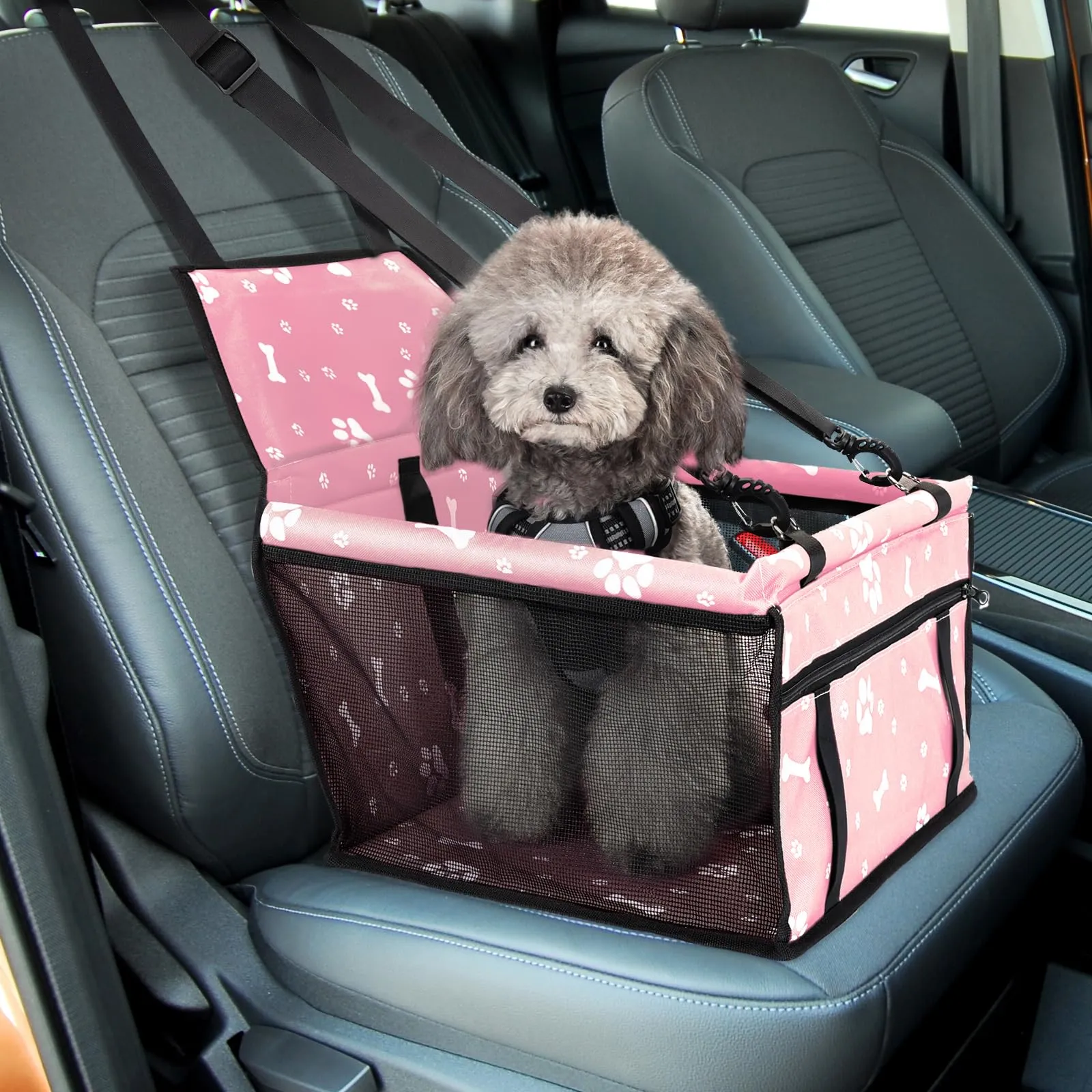 Nobleza Seggiolino Auto per Cani e Gatti, Trasportino Impermeabile e Pieghevole con Cintura di Sicurezza, 40x34x25cm, Rosa - immagine 7