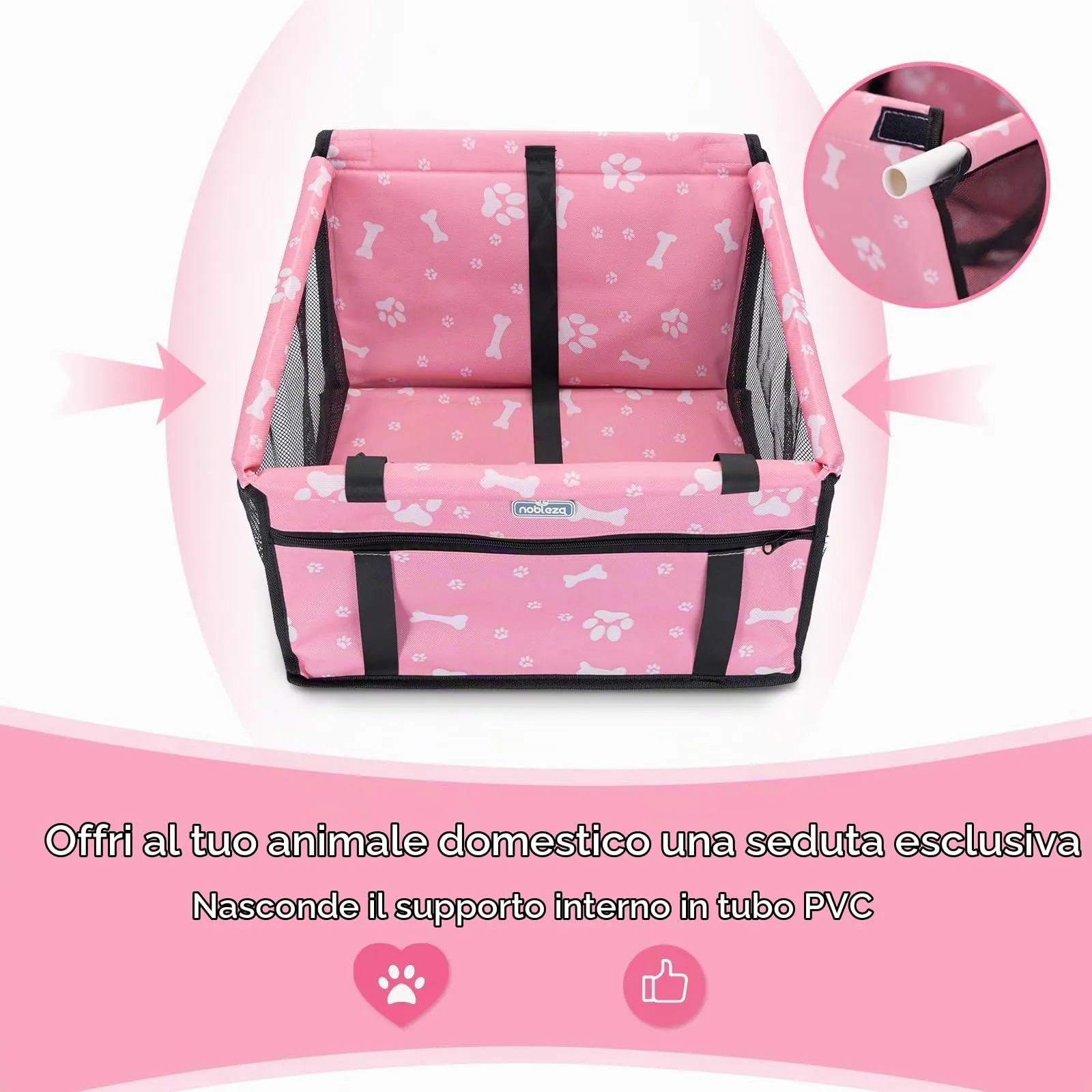 Nobleza Seggiolino Auto per Cani e Gatti, Trasportino Impermeabile e Pieghevole con Cintura di Sicurezza, 40x34x25cm, Rosa - immagine 8