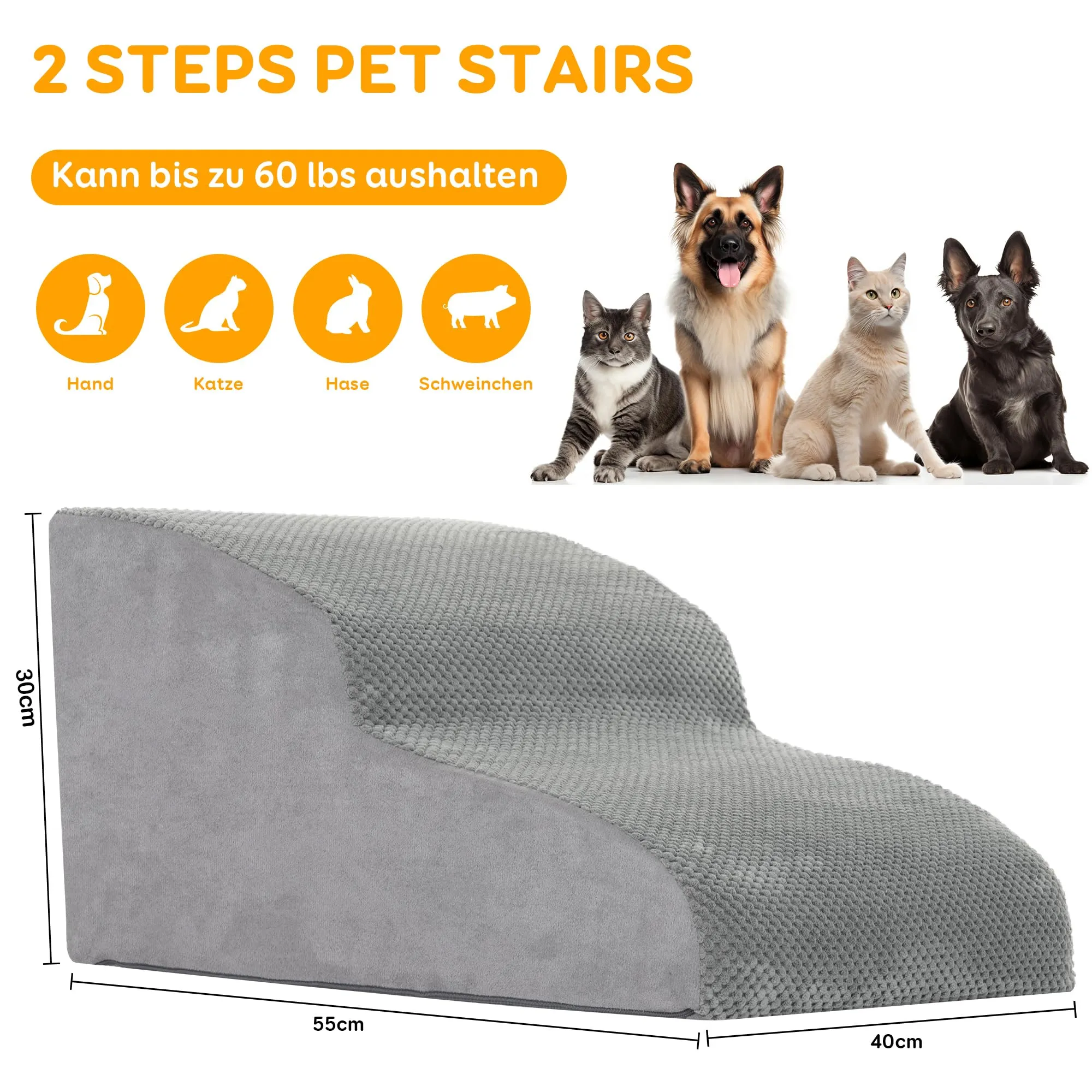 YunNasi Scaletta per Cani per Letto e Divano, 2 Gradini, 55 x 40 x 30 cm, Grigio - immagine 2