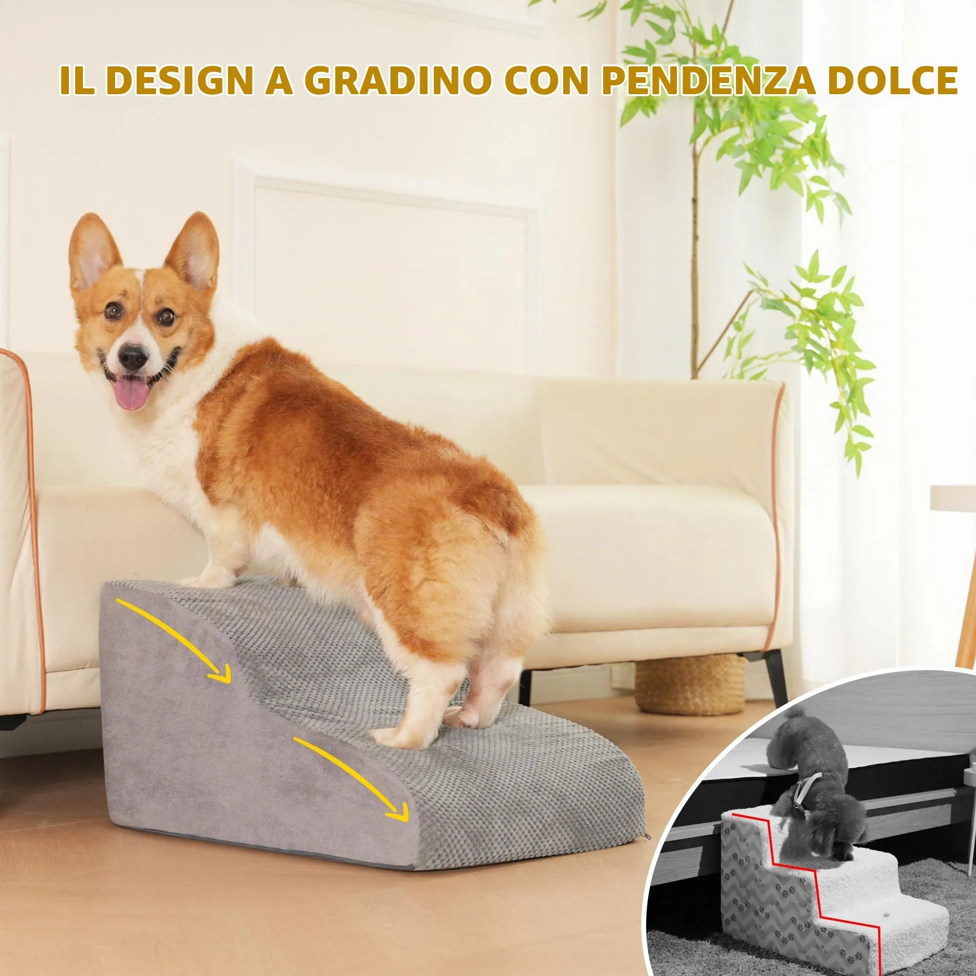 YunNasi Scaletta per Cani per Letto e Divano, 2 Gradini, 55 x 40 x 30 cm, Grigio - immagine 3