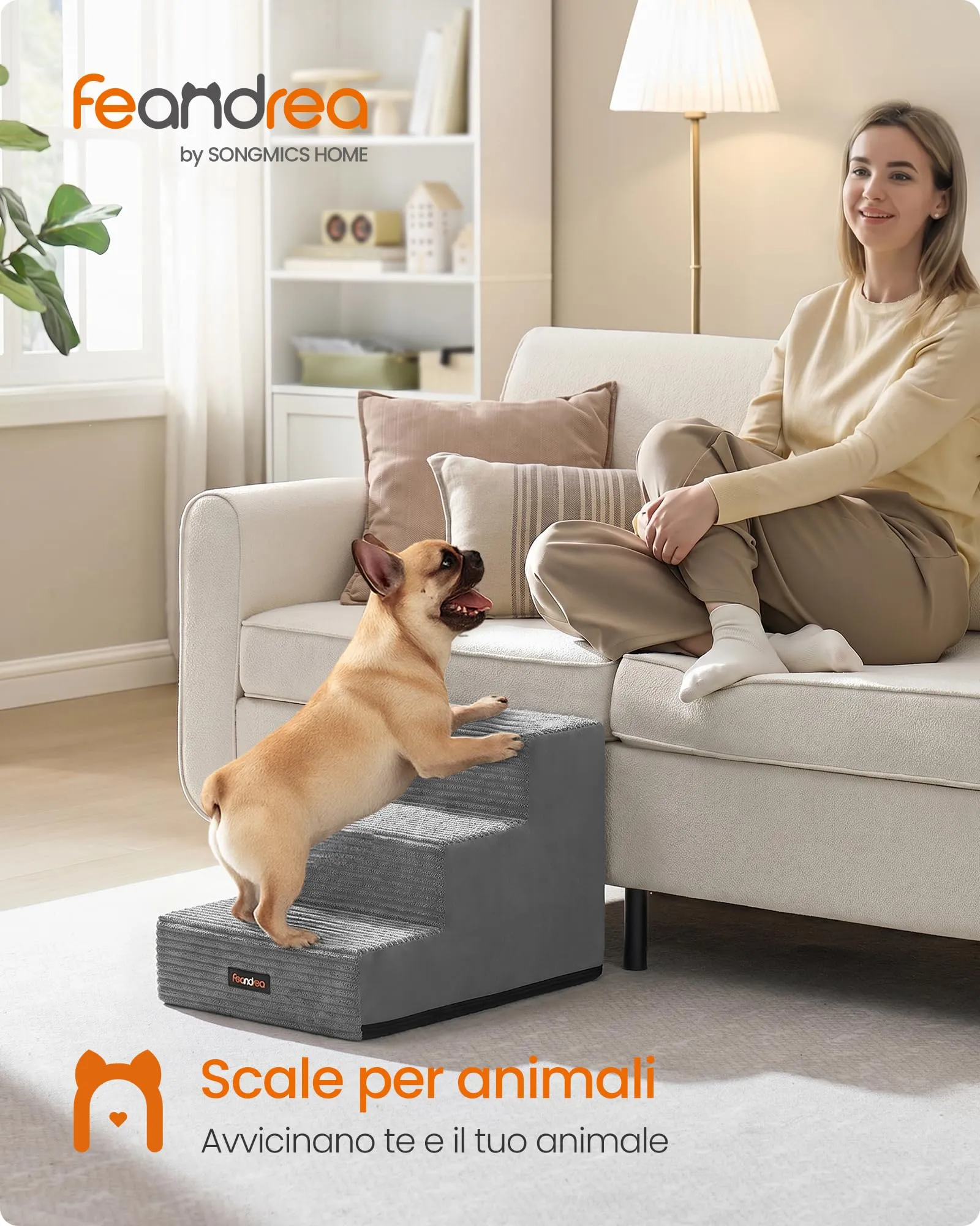 Feandrea Scaletta per Cani a 3 Gradini in Schiuma ad Alta Densità, 46 x 40 x 33 cm, Grigio, PPS023GD01 - immagine 2