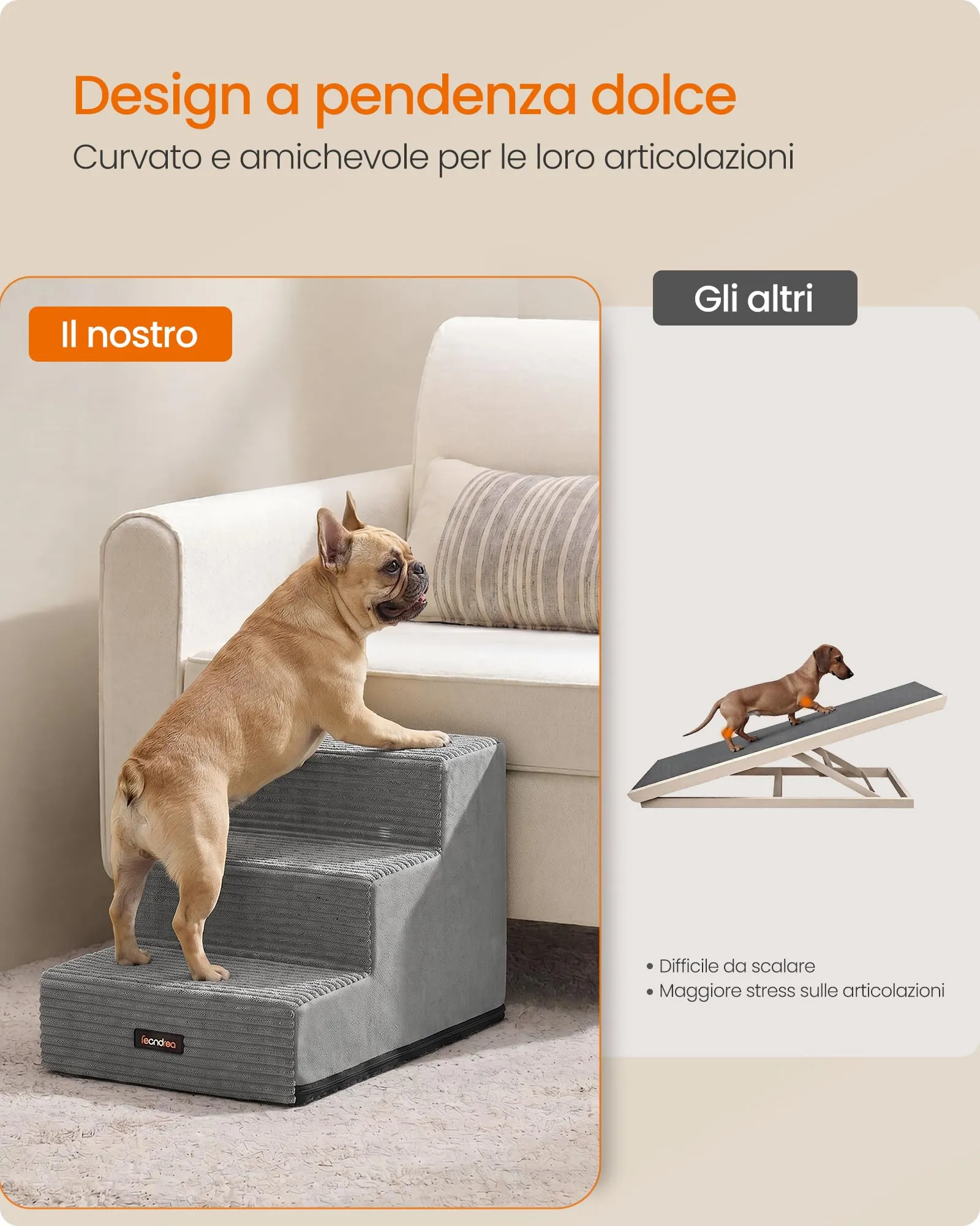 Feandrea Scaletta per Cani a 3 Gradini in Schiuma ad Alta Densità, 46 x 40 x 33 cm, Grigio, PPS023GD01 - immagine 4