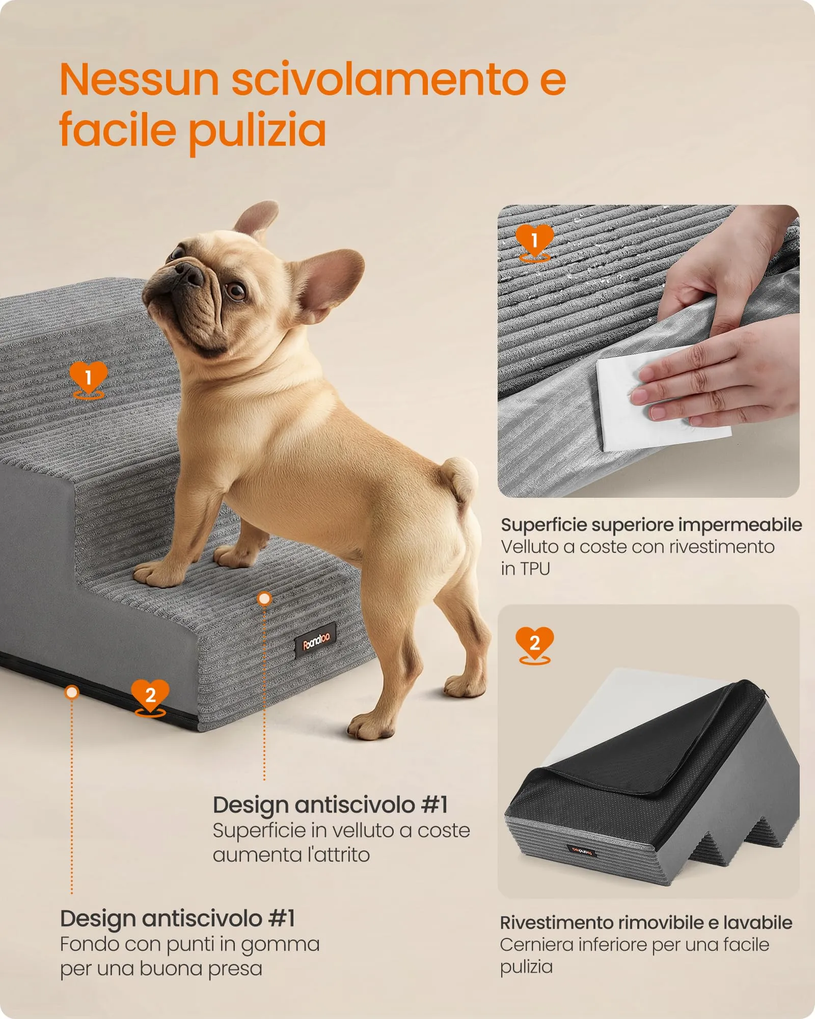 Feandrea Scaletta per Cani a 3 Gradini in Schiuma ad Alta Densità, 46 x 40 x 33 cm, Grigio, PPS023GD01 - immagine 6