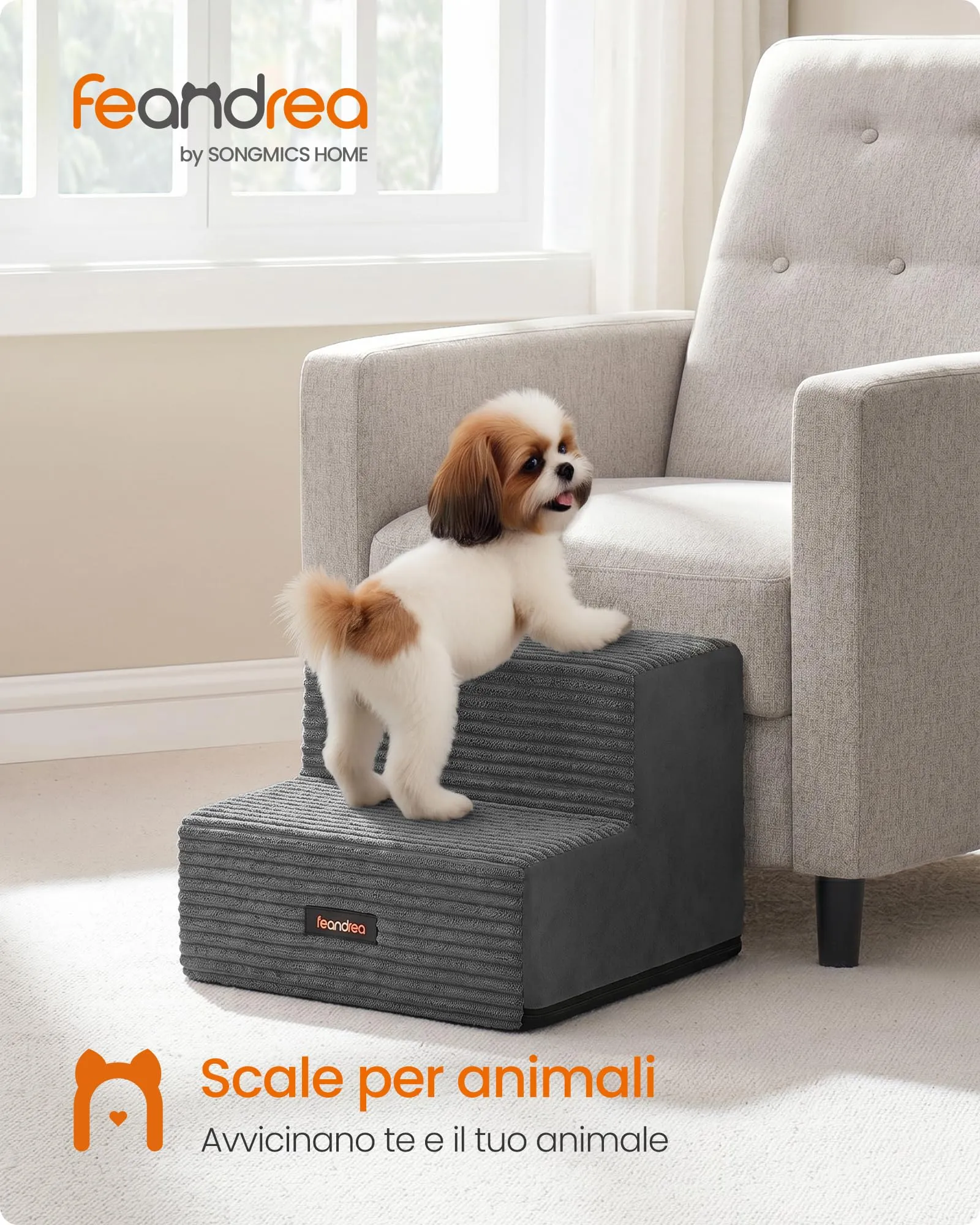 Feandrea Scaletta per Cani a 2 Gradini in Schiuma ad Alta Densità, Grigio Piombo, 30 x 38 x 28 cm, PPS022GN01 - immagine 2