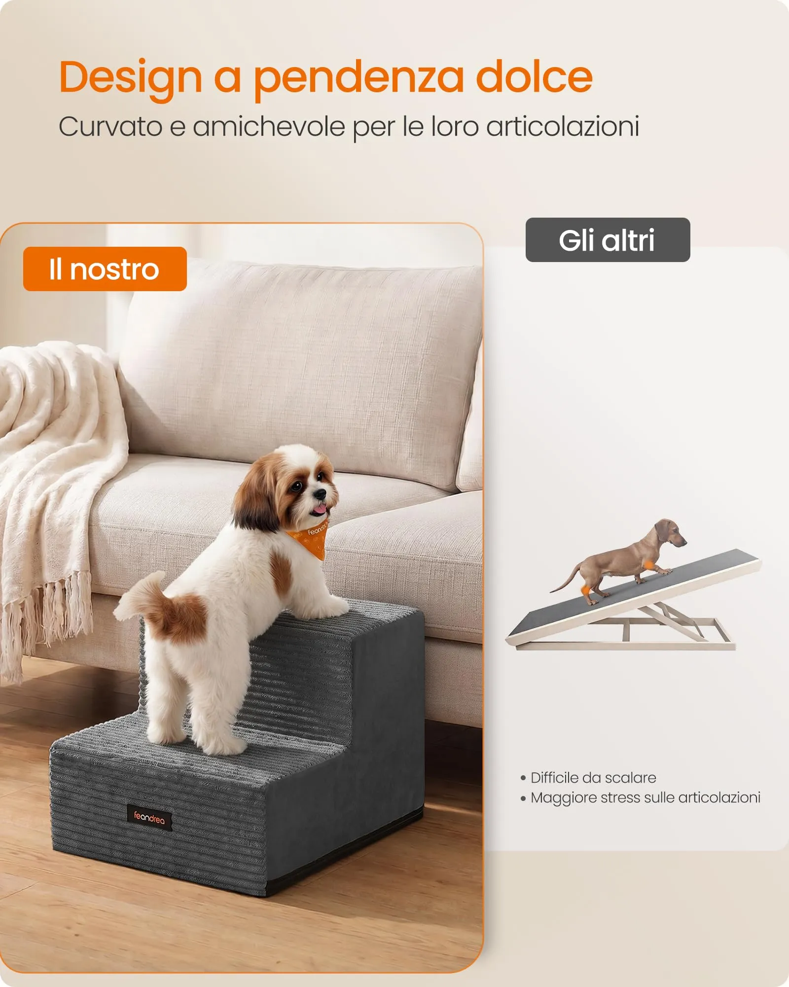 Feandrea Scaletta per Cani a 2 Gradini in Schiuma ad Alta Densità, Grigio Piombo, 30 x 38 x 28 cm, PPS022GN01 - immagine 4