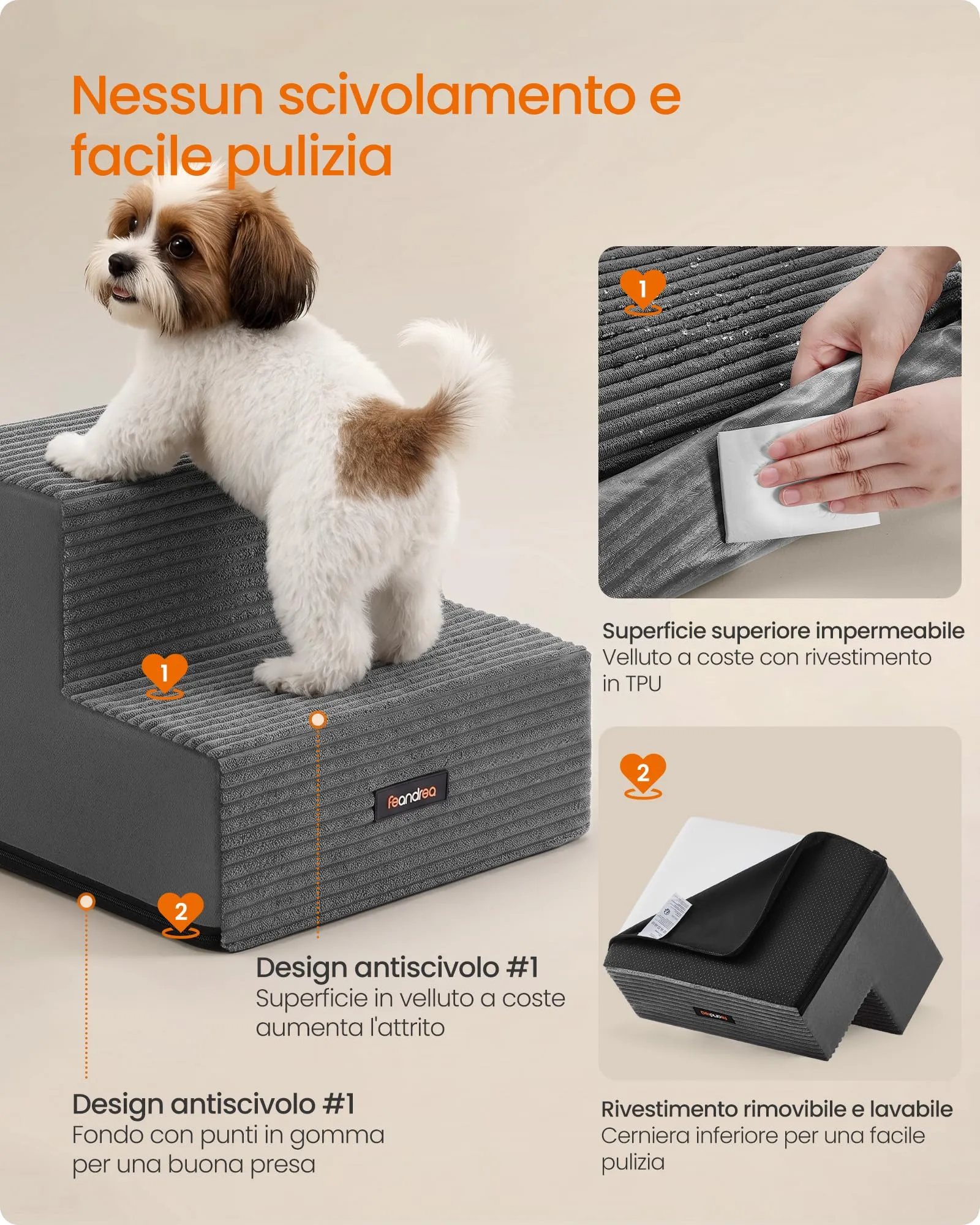 Feandrea Scaletta per Cani a 2 Gradini in Schiuma ad Alta Densità, Grigio Piombo, 30 x 38 x 28 cm, PPS022GN01 - immagine 6