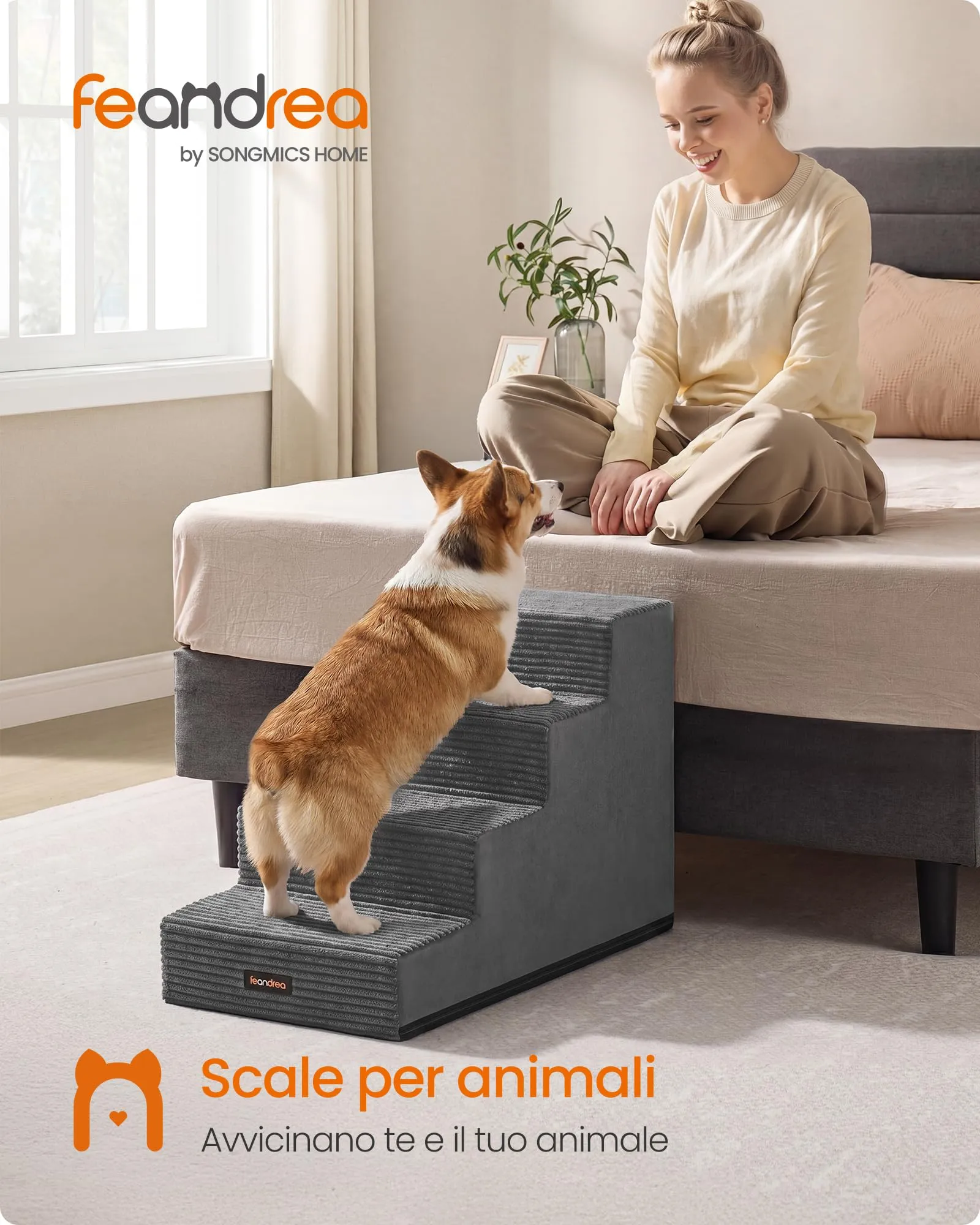Feandrea Scaletta per Cani a 4 Gradini in Schiuma ad Alta Densità, 62 x 40 x 44 cm, Grigio Ardesia, PPS024GN01 - immagine 2