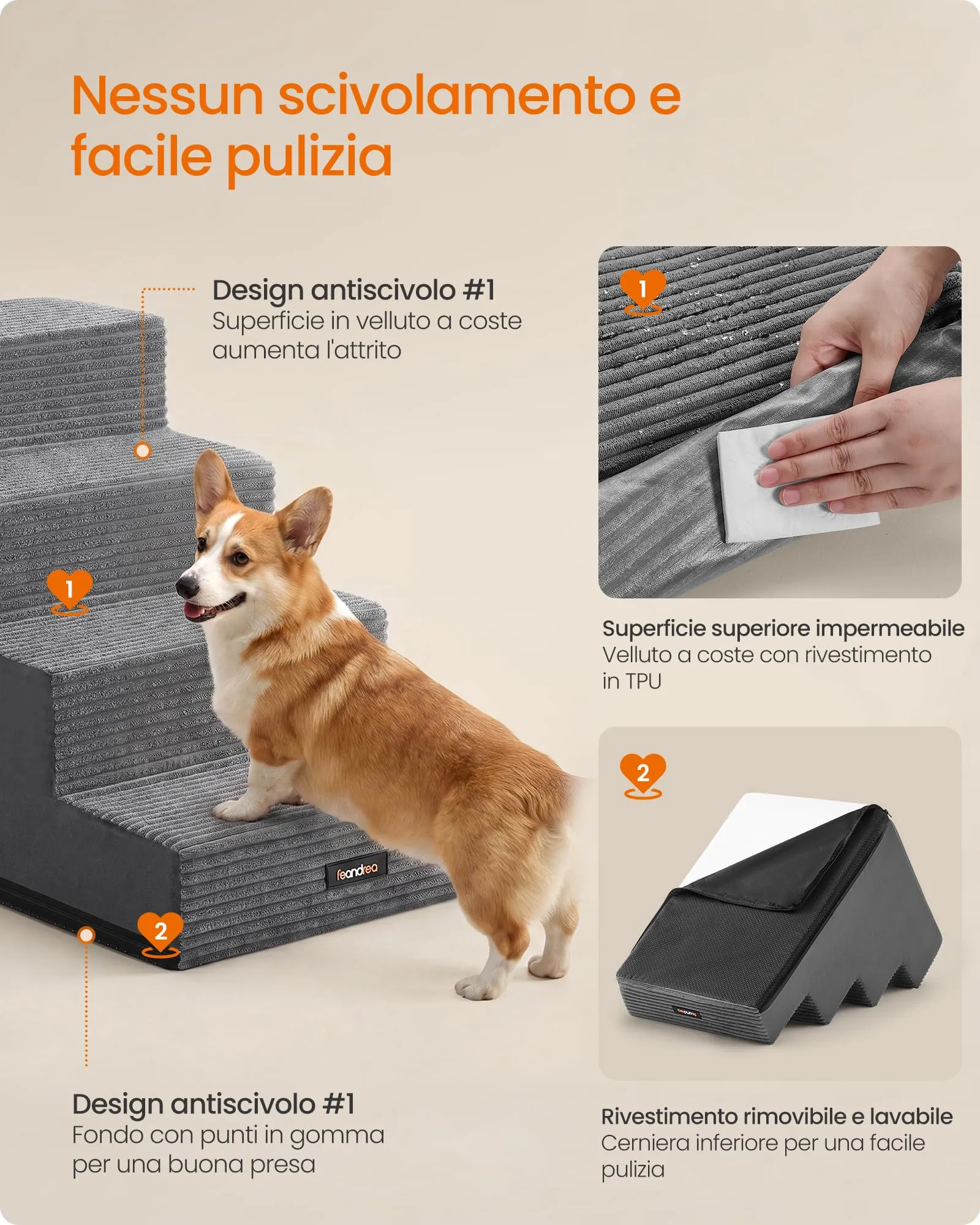 Feandrea Scaletta per Cani a 4 Gradini in Schiuma ad Alta Densità, 62 x 40 x 44 cm, Grigio Ardesia, PPS024GN01 - immagine 6