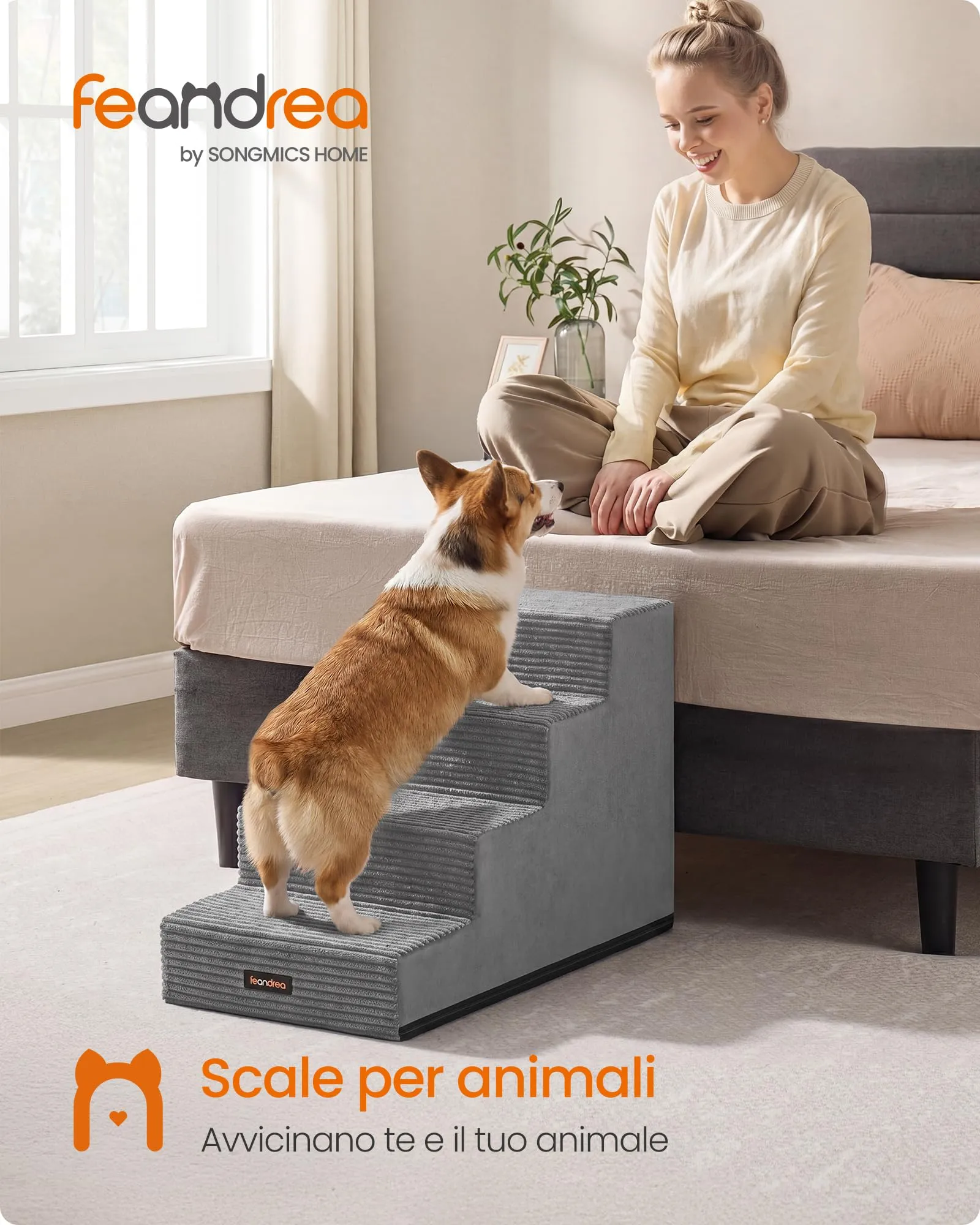 Feandrea Scaletta per Cani a 4 Gradini, Schiuma ad Alta Densità, 62 x 40 x 44 cm, Grigio, PPS024GD01 - immagine 2