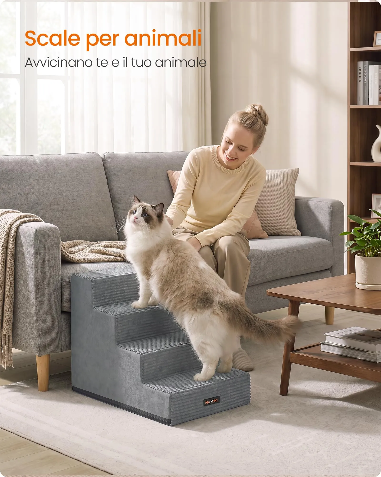 Feandrea Scaletta per Cani a 4 Gradini, Schiuma ad Alta Densità, 62 x 40 x 44 cm, Grigio, PPS024GD01 - immagine 3