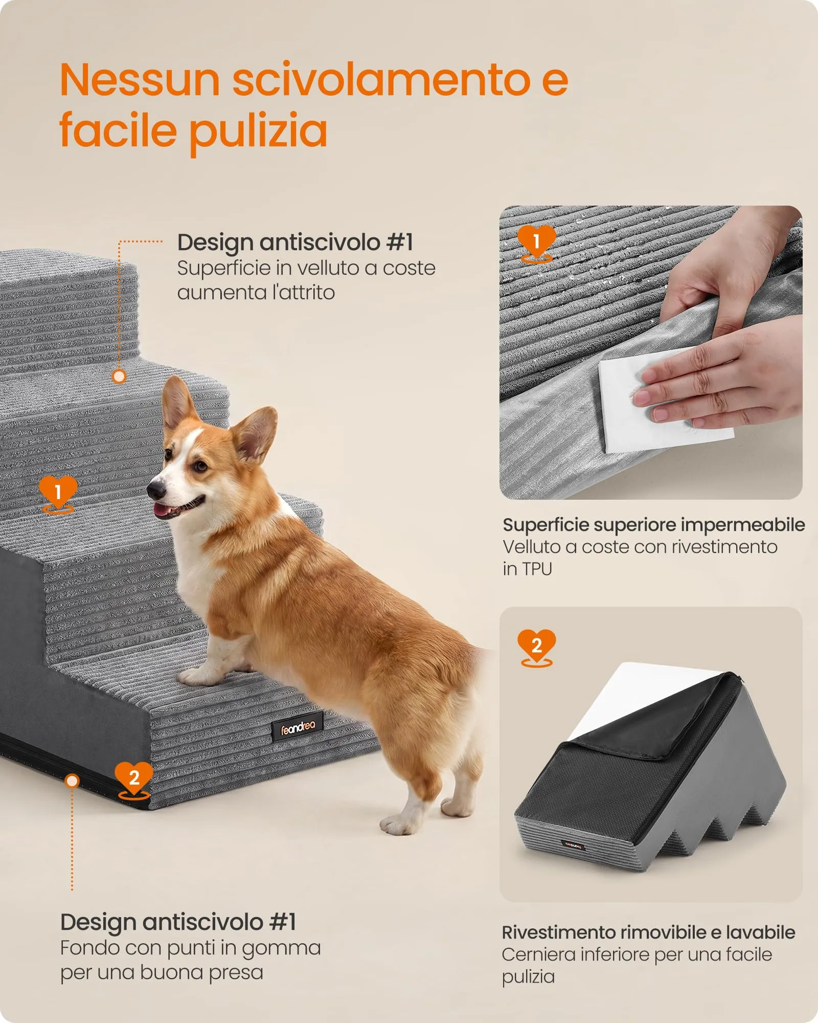 Feandrea Scaletta per Cani a 4 Gradini, Schiuma ad Alta Densità, 62 x 40 x 44 cm, Grigio, PPS024GD01 - immagine 6