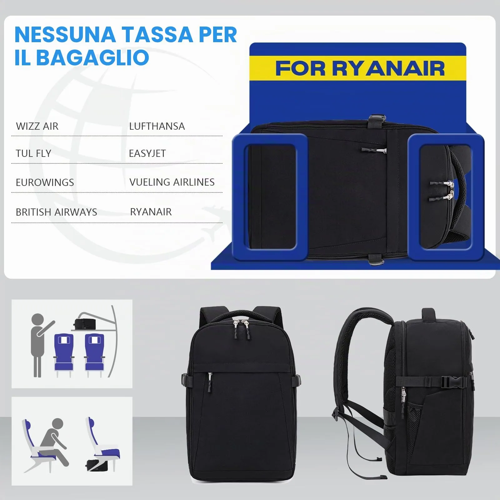 Xkdoai Zaino da Viaggio Bagaglio a Mano per Ryanair 40x30x20cm - immagine 2