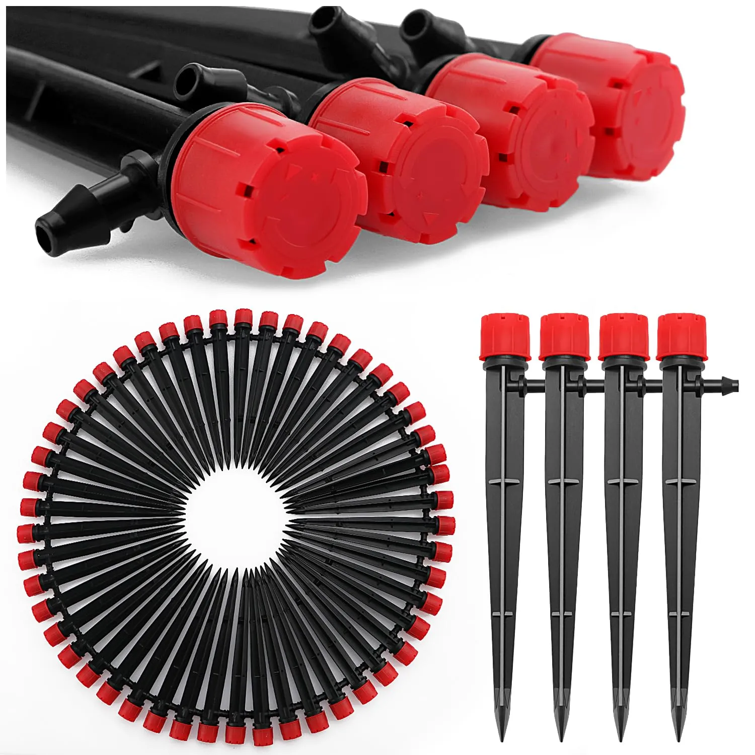 VooGenzek Gocciolatori per Irrigazione Regolabili a 8 Fori, 50 Pezzi, con Connettore e Staffa per Tubo 4/7 mm, Rosso - immagine 1