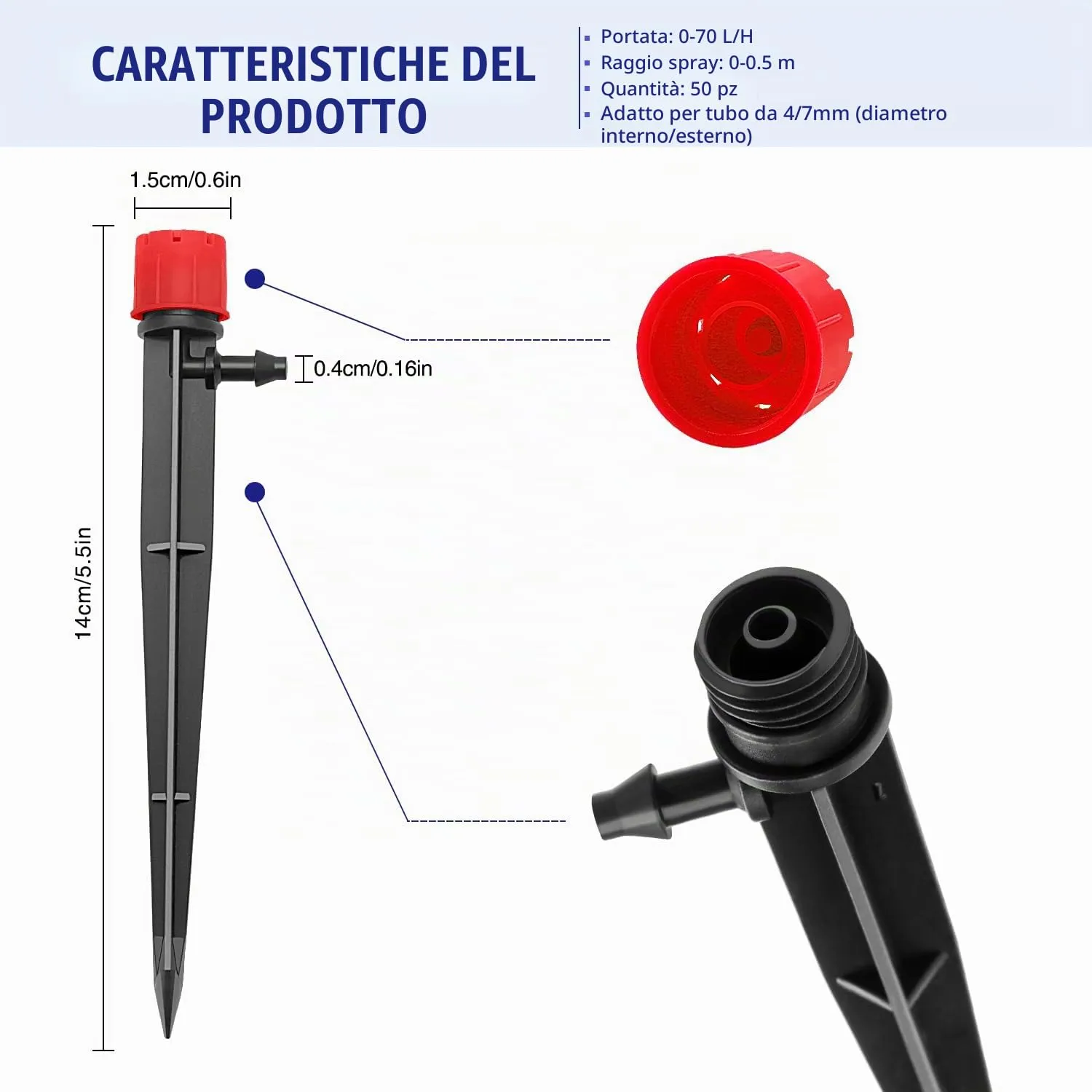 VooGenzek Gocciolatori per Irrigazione Regolabili a 8 Fori, 50 Pezzi, con Connettore e Staffa per Tubo 4/7 mm, Rosso - immagine 2