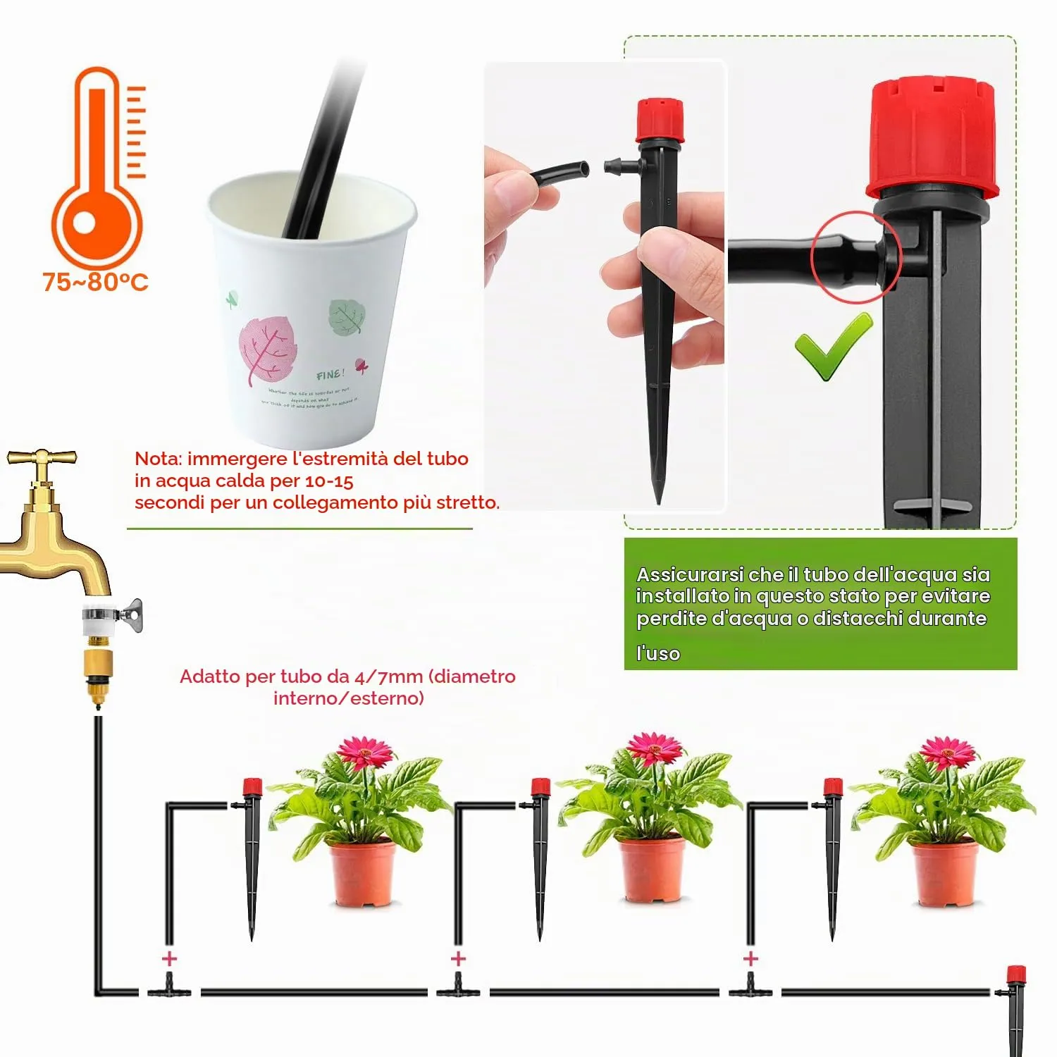 VooGenzek Gocciolatori per Irrigazione Regolabili a 8 Fori, 50 Pezzi, con Connettore e Staffa per Tubo 4/7 mm, Rosso - immagine 4