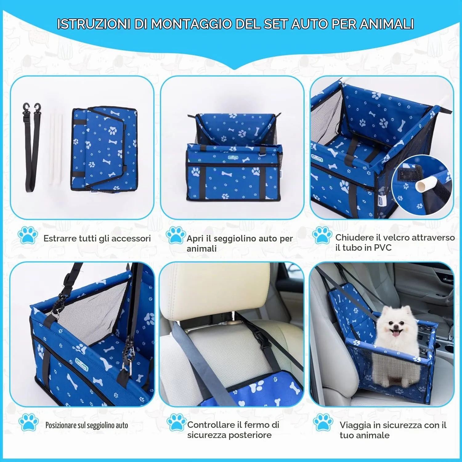 Nobleza Seggiolino Auto per Cani di Piccola Taglia e Gatti, Impermeabile e Pieghevole, 40x34x25cm, Blu - immagine 6