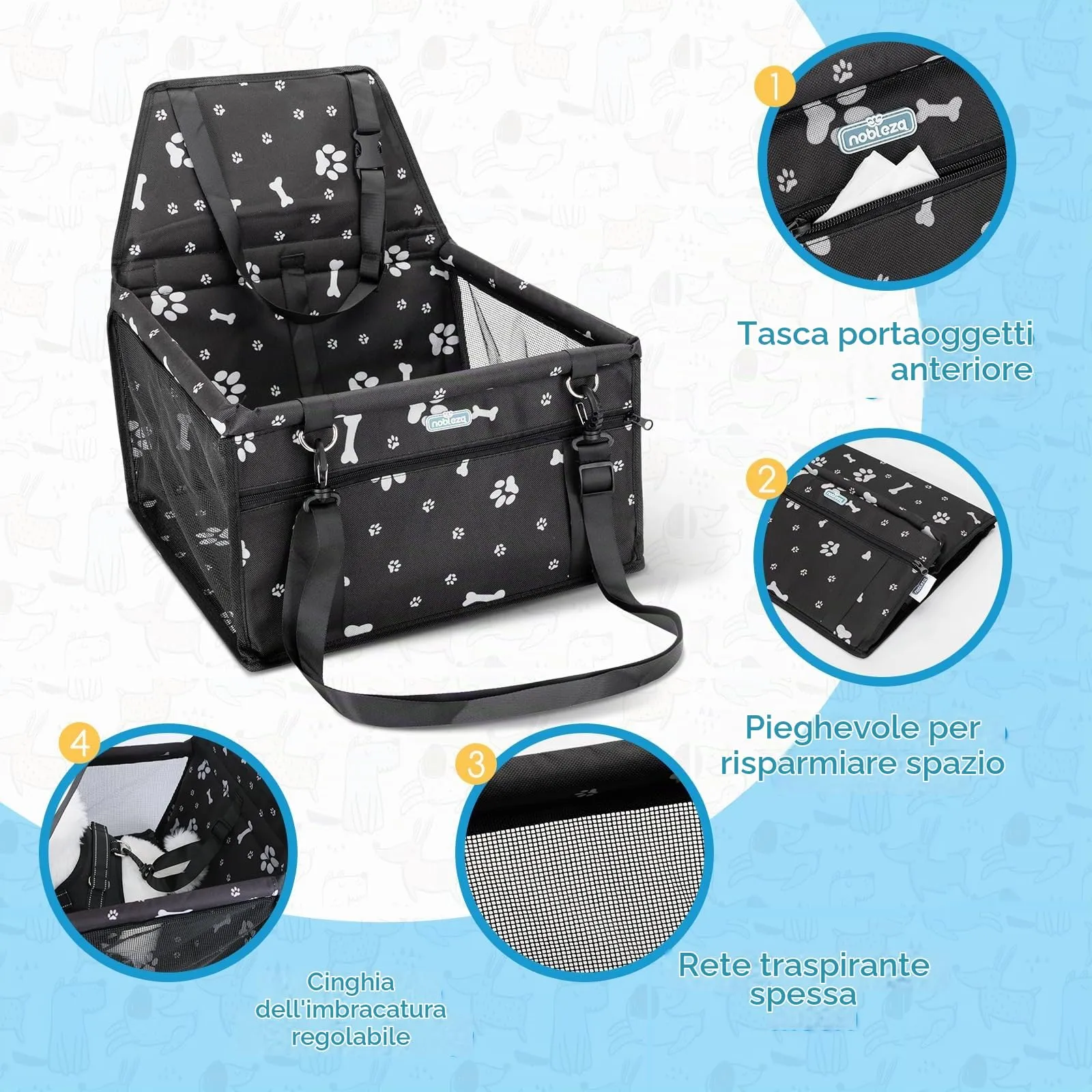Nobleza Seggiolino Auto per Cani di Piccola Taglia e Gatti, 40x34x25cm, Nero - immagine 5