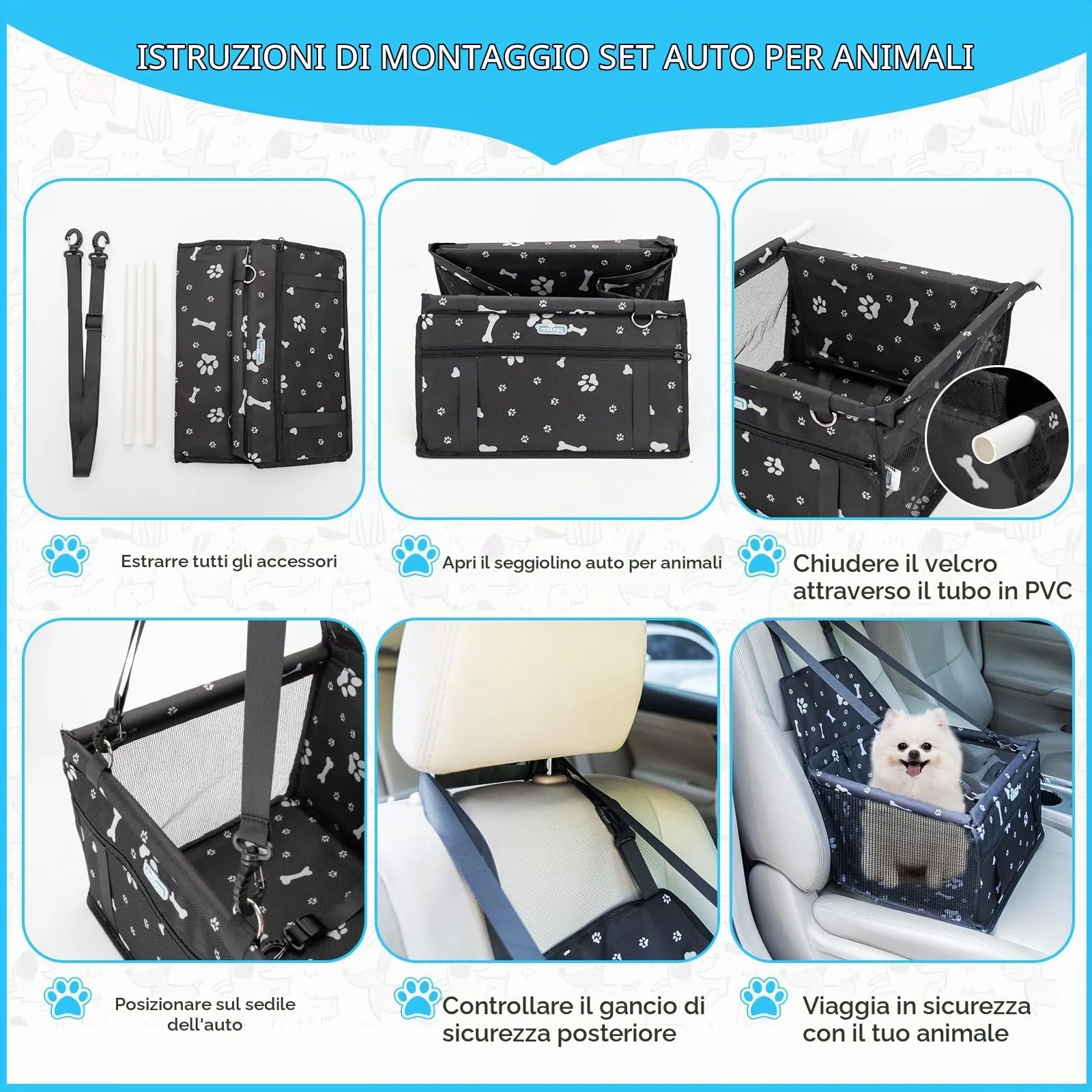 Nobleza Seggiolino Auto per Cani di Piccola Taglia e Gatti, 40x34x25cm, Nero - immagine 6