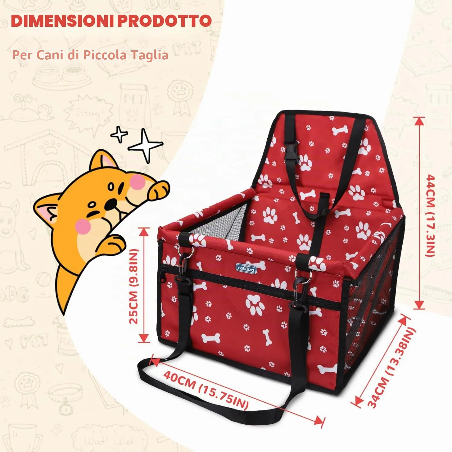 Nobleza Seggiolino Auto per Cani Piccola Taglia e Gatti, 40x34x25cm, Rosso - immagine 2