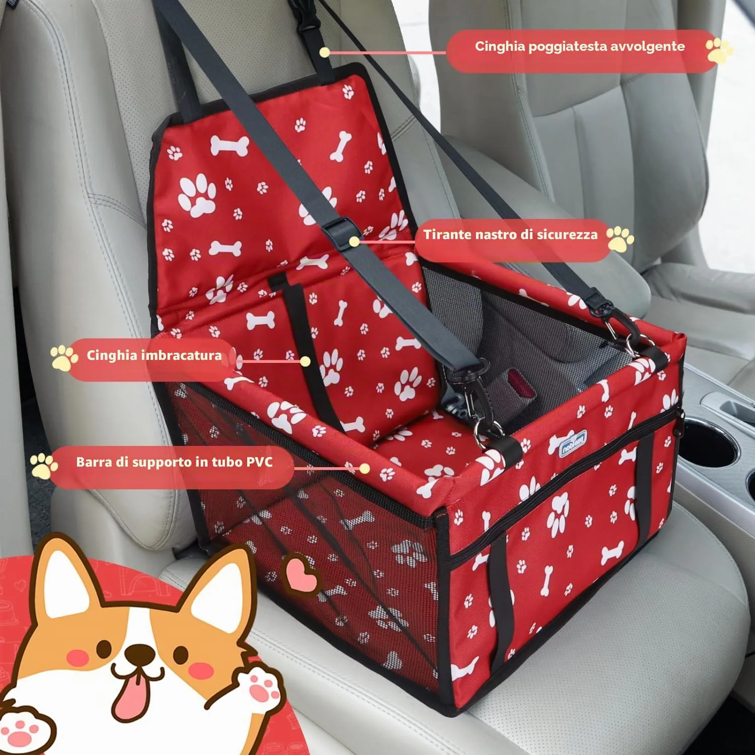 Nobleza Seggiolino Auto per Cani Piccola Taglia e Gatti, 40x34x25cm, Rosso - immagine 3