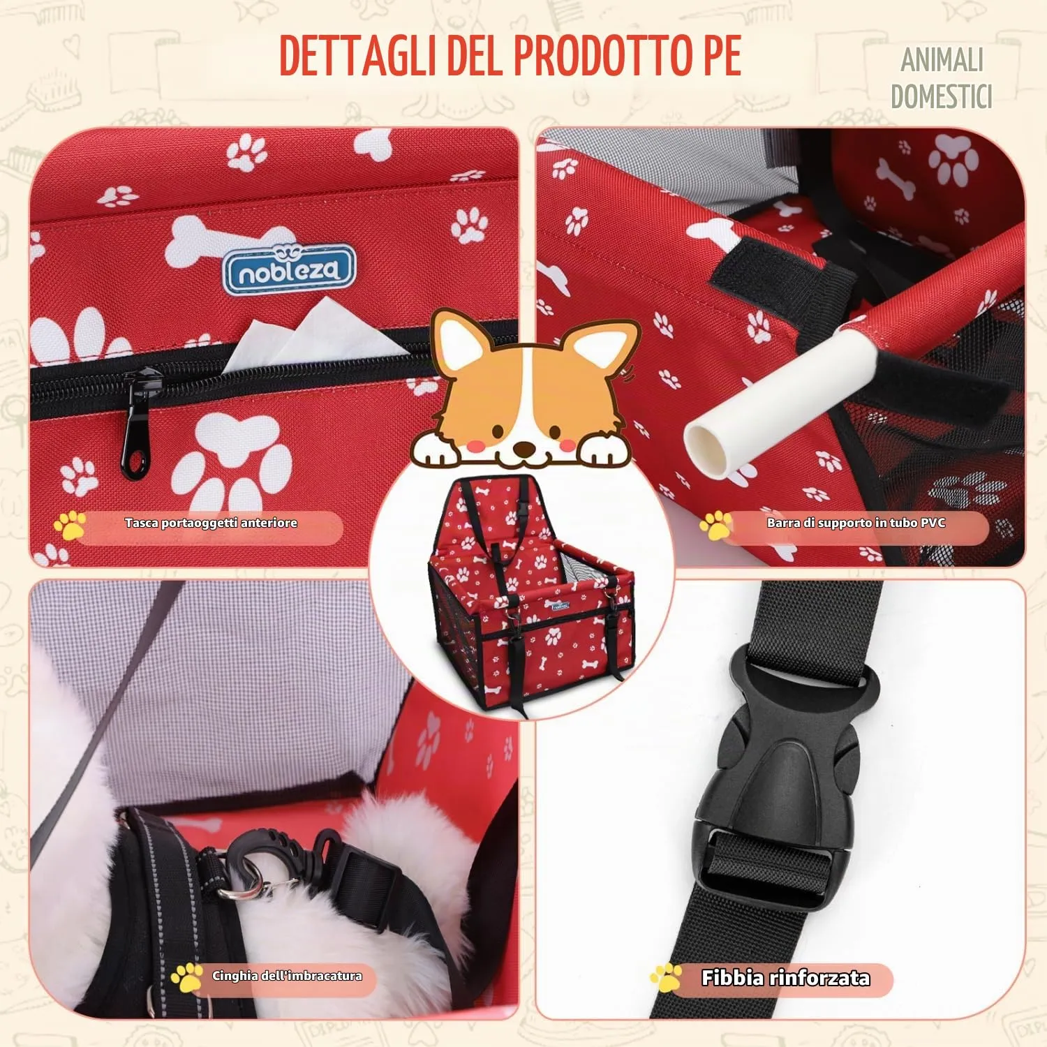 Nobleza Seggiolino Auto per Cani Piccola Taglia e Gatti, 40x34x25cm, Rosso - immagine 5