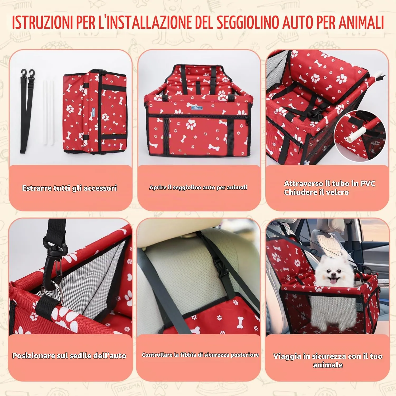 Nobleza Seggiolino Auto per Cani Piccola Taglia e Gatti, 40x34x25cm, Rosso - immagine 6