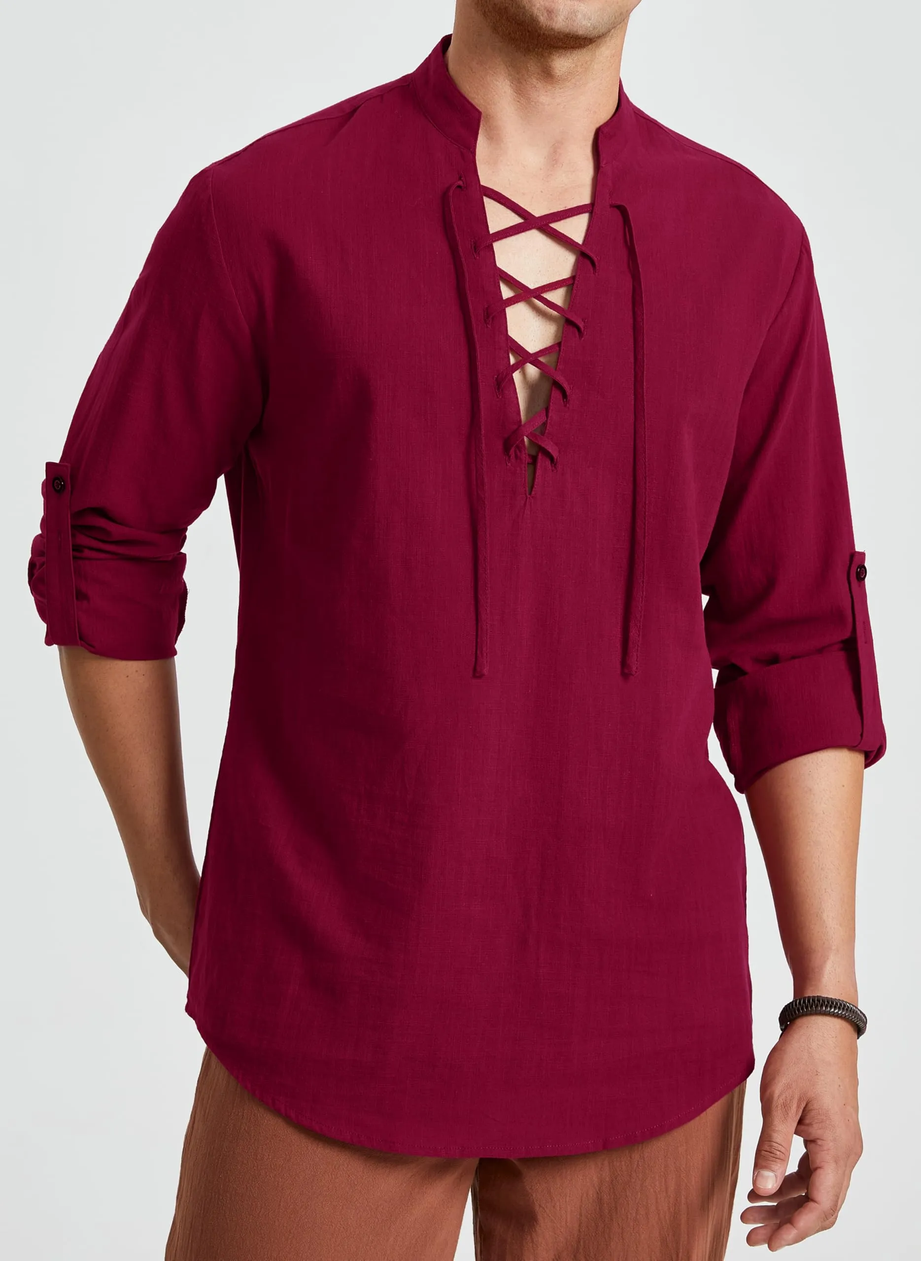 Enlision Camicia in Lino e Cotone da Uomo Cosplay, Borgogna, L - immagine 2