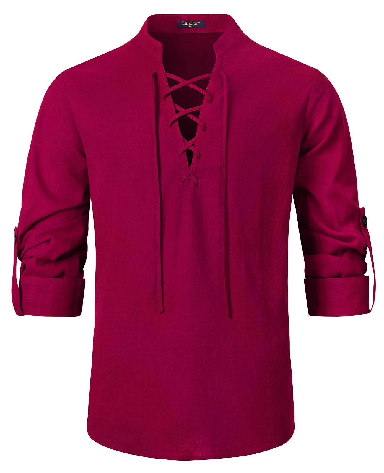 Enlision Camicia in Lino a Maniche Lunghe stile Pirata Vichingo Rinascimentale, Borgogna, 4XL - immagine 8