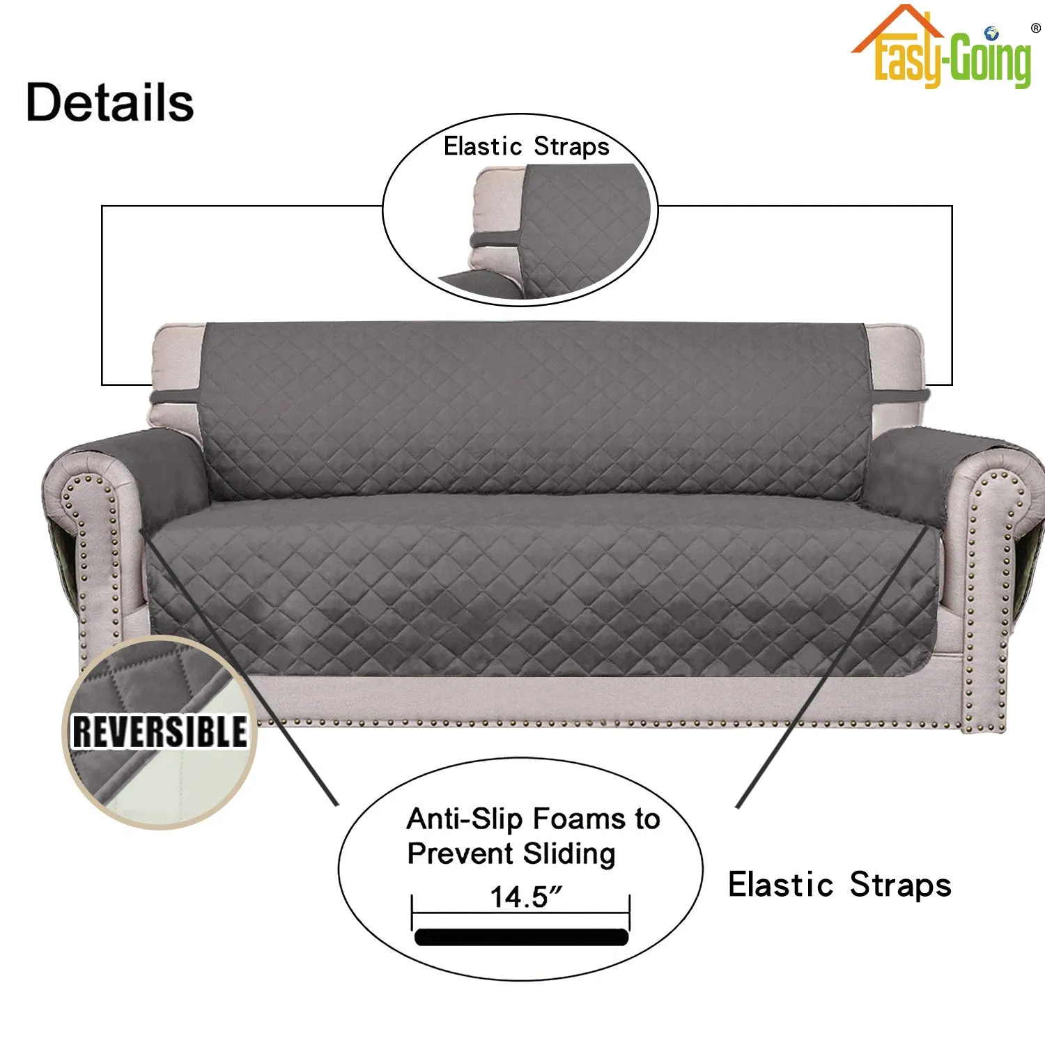 Easy-Going Fodera reversibile per divano a 2 posti, resistente all'acqua, grigio/avorio - immagine 3