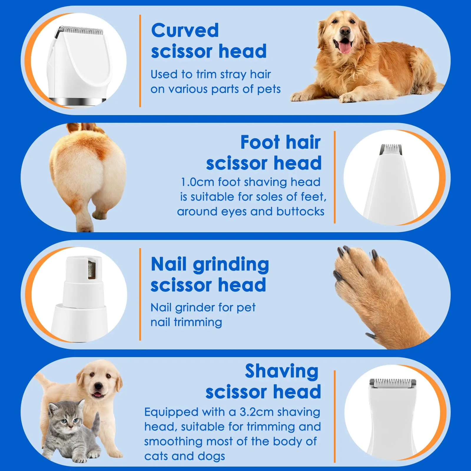 Mezzar Tosatrice per Cani e Gatti 4 in 1, Tagliacapelli Ricaricabile con 4 Testine Multiuso - immagine 5