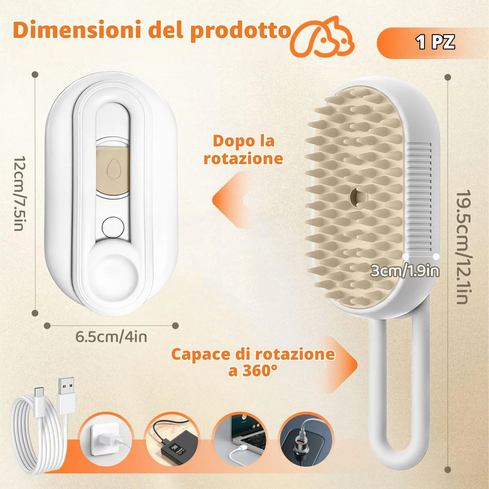 Fancysky Spazzola a Vapore 3-in-1 per Gatti e Cani, Bianca - immagine 7