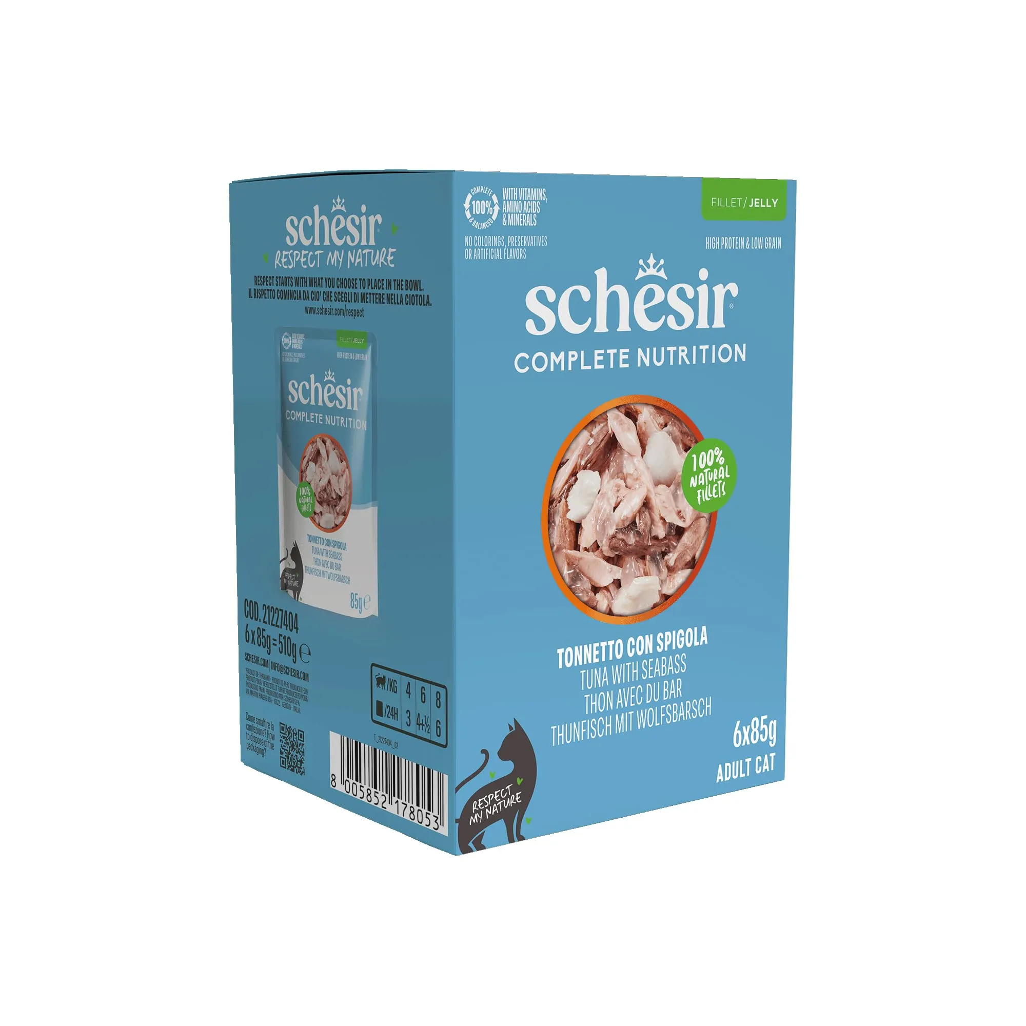 Schesir Tonnetto con Spigola in Gelatina, Alimento Umido Completo per Gatti, 6 x 85g - immagine 1