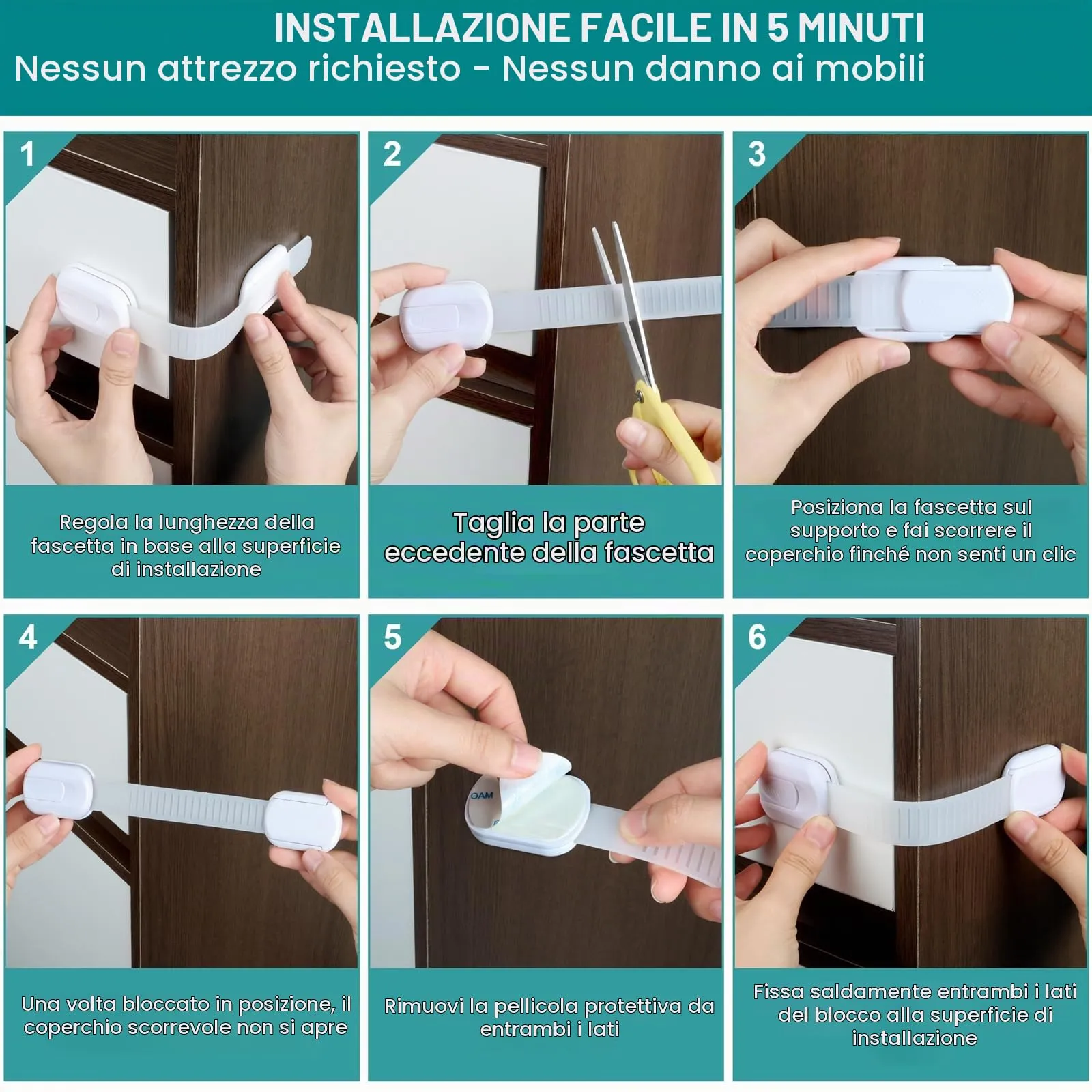 Kimsky Chiusure di Sicurezza per Bambini per Armadietti e Cassetti, 6 Pezzi, Bianca - immagine 7