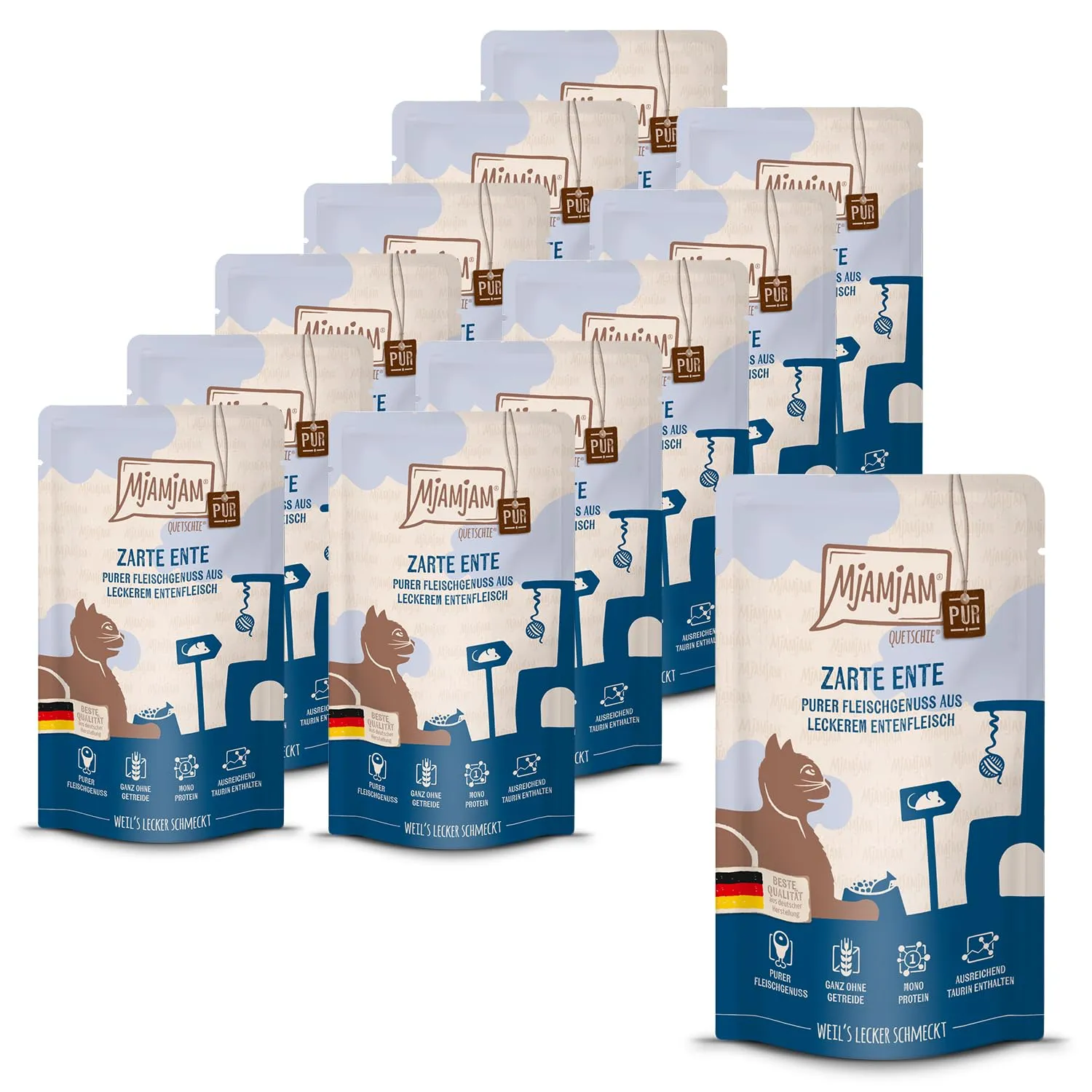 MjAMjAM Quetschie Cibo Umido per Gatti Anatra Pura Senza Cereali, 12 x 125 g - immagine 1
