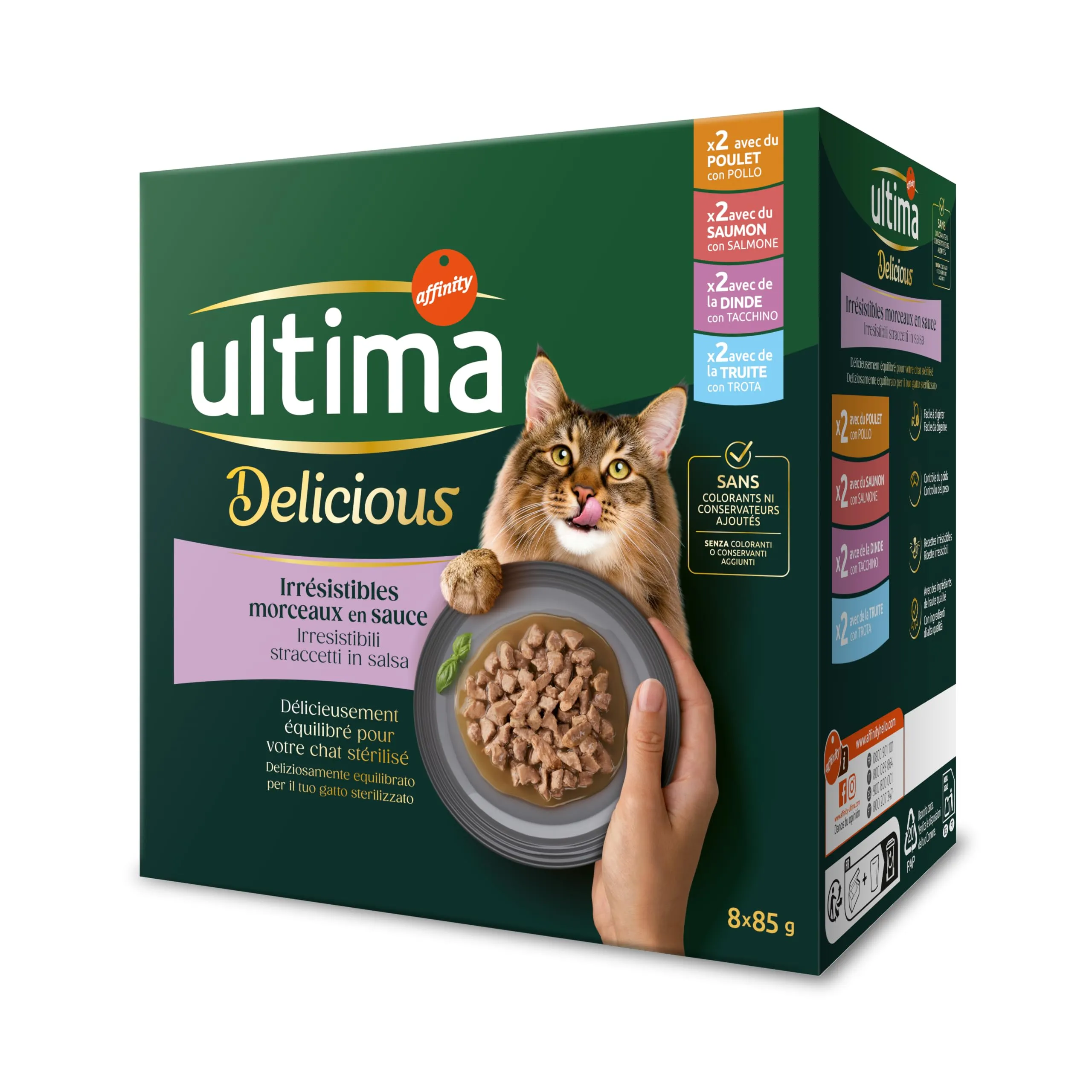 Ultima Wet Fit & Delicious Cibo Umido per Gatti Sterilizzati Multipack Pollo, Tacchino, Salmone, Trota 64x 85g - immagine 2