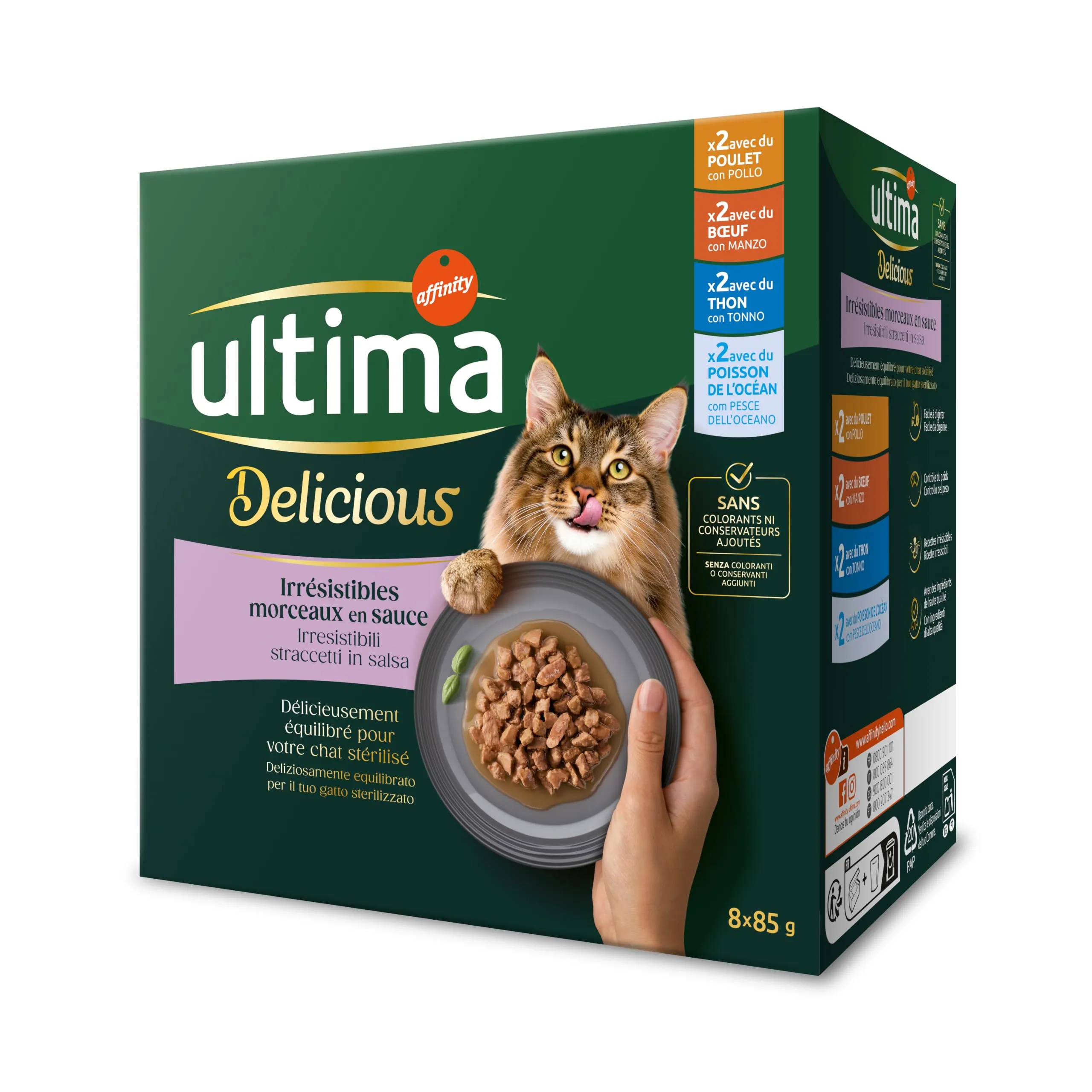 Ultima Wet Fit & Delicious Cibo Umido per Gatti Sterilizzati Multipack Pollo Manzo Tonno Pesce dell'Oceano 64x85g - immagine 2