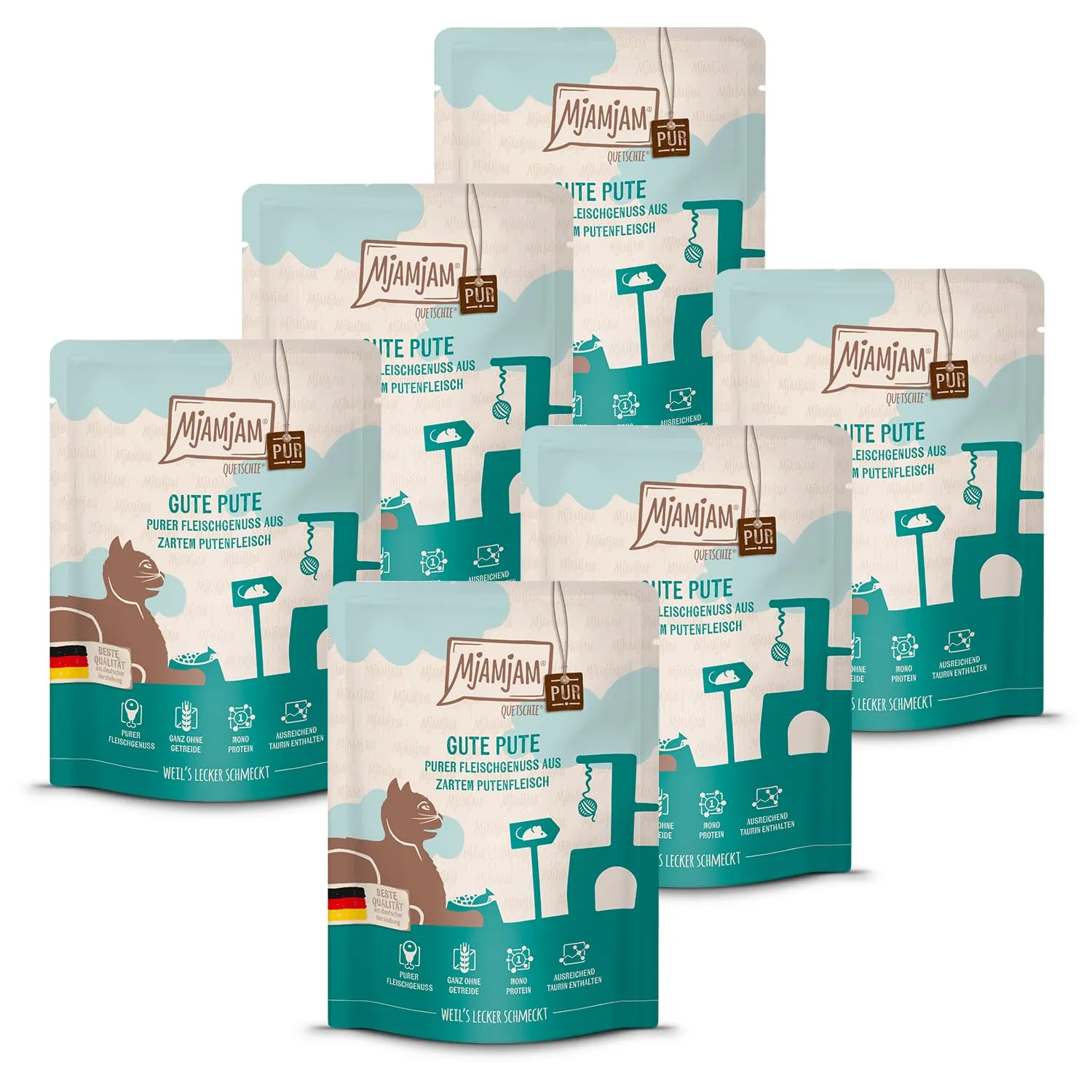 MjAMjAM Quetschie Cibo Umido per Gatti al Tacchino, Senza Cereali, 6 x 300 g - immagine 1