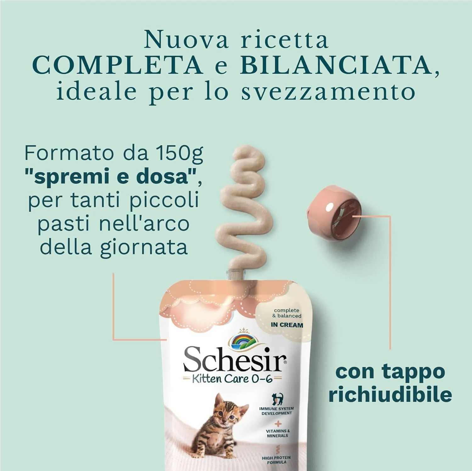 Schesir Cibo umido per gatti cuccioli al gusto Pollo in crema, 0-6 mesi, 20 buste da 150g - immagine 4