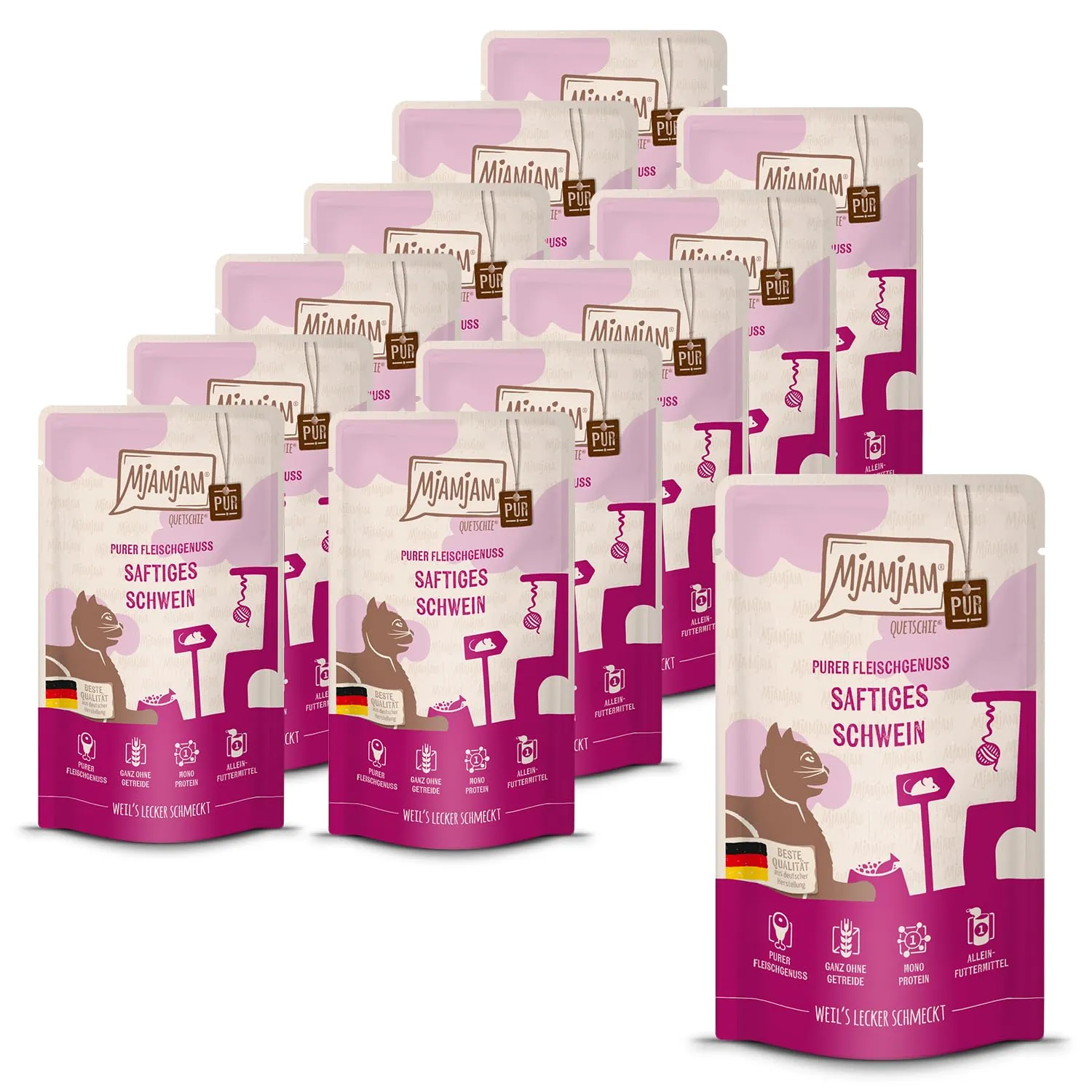 MjAMjAM Quetschie Cibo Umido per Gatti, Maiale Succoso PUR, Senza Cereali, 12 x 125 g - immagine 1
