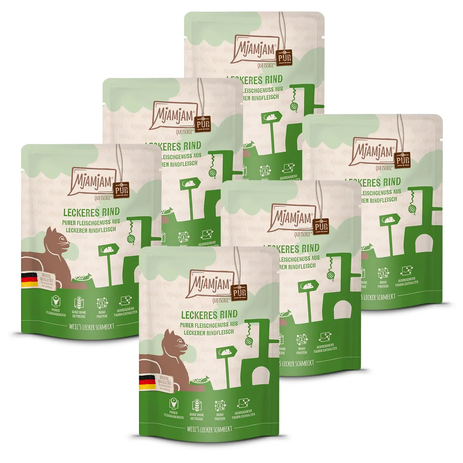 MjAMjAM Cibo Umido per Gatti Quetschie Manzo, Senza Cereali, 6 x 300 g - immagine 1