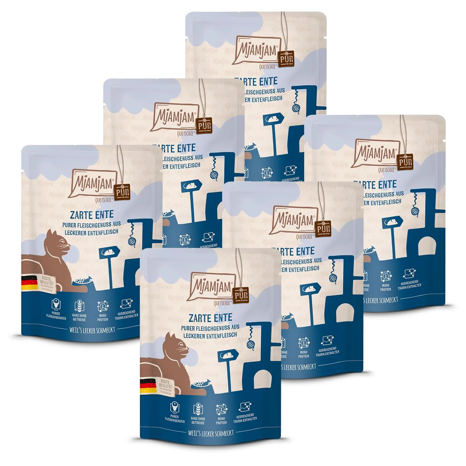 MjAMjAM Quetschie Cibo Umido per Gatti, Anatra Delicata, Senza Cereali, 6 x 300 g - immagine 1