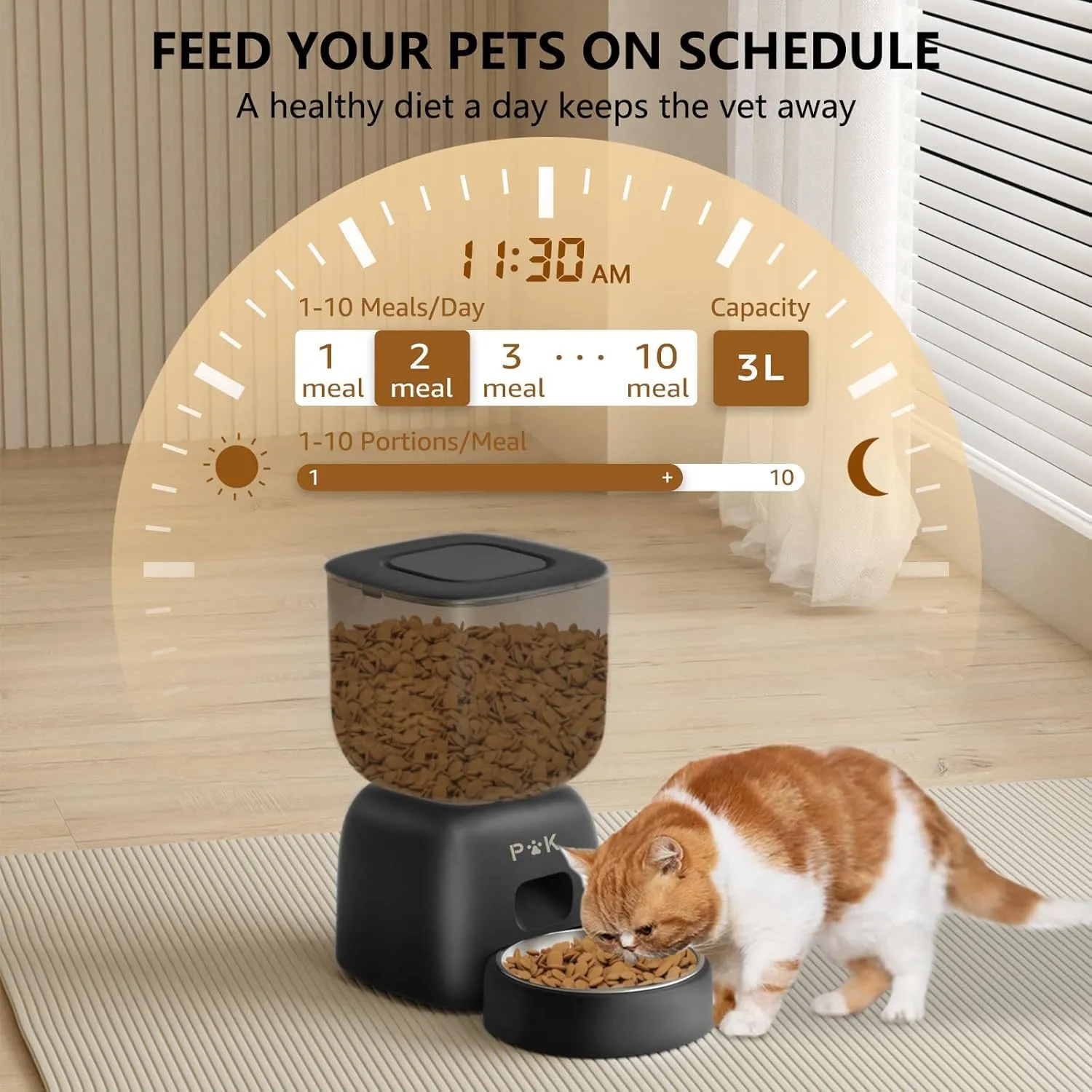 PUPPY KITTY Distributore Automatico Cibo Gatti, WiFi, App Smart Life, Registrazione Vocale 10S, Ciotola in Acciaio Inossidabile 304, 3L - immagine 3