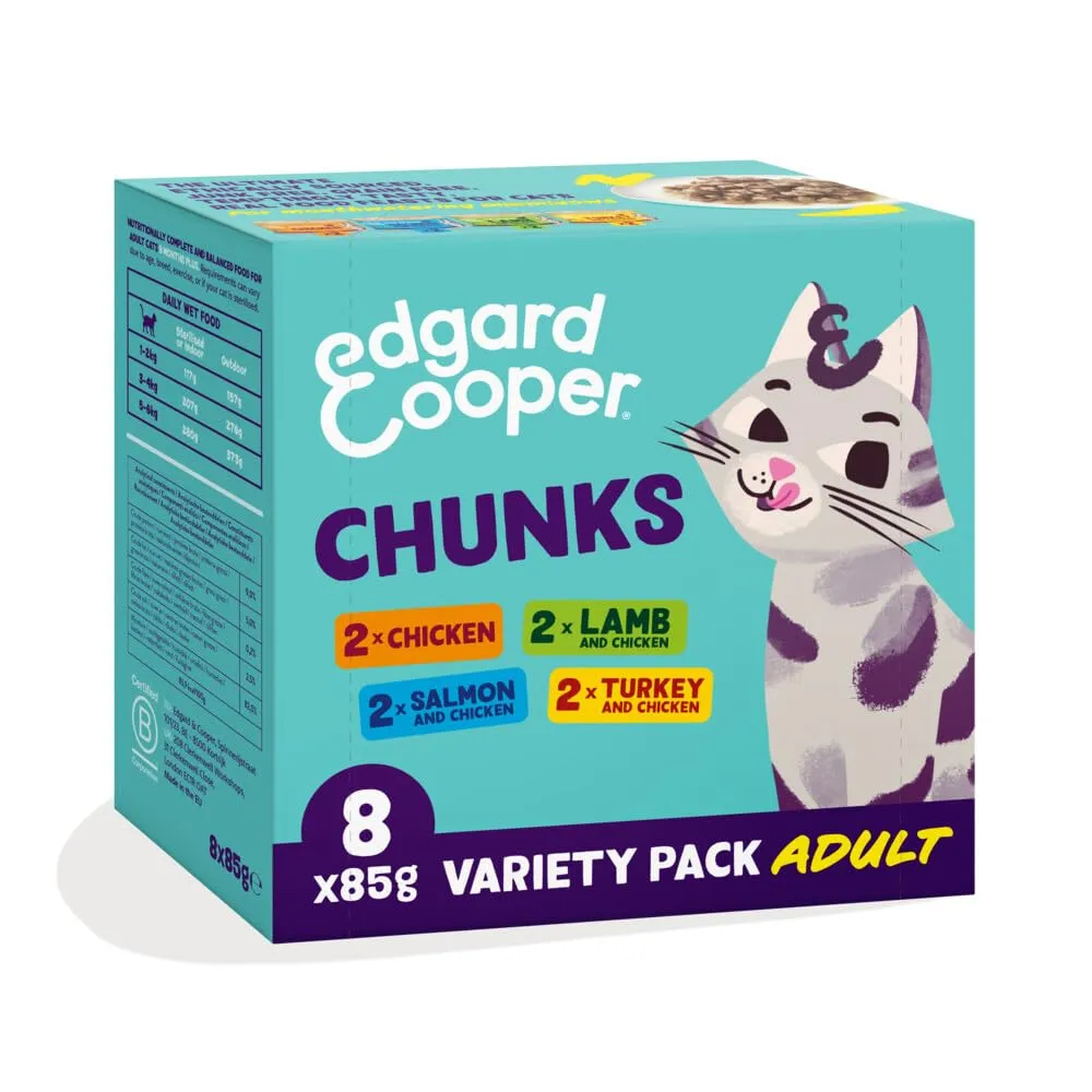 Edgard & Cooper Cibo Umido per Gatti, Multipack Tacchino, Pollo, Salmone e Agnello, 8 x 85g - immagine 1