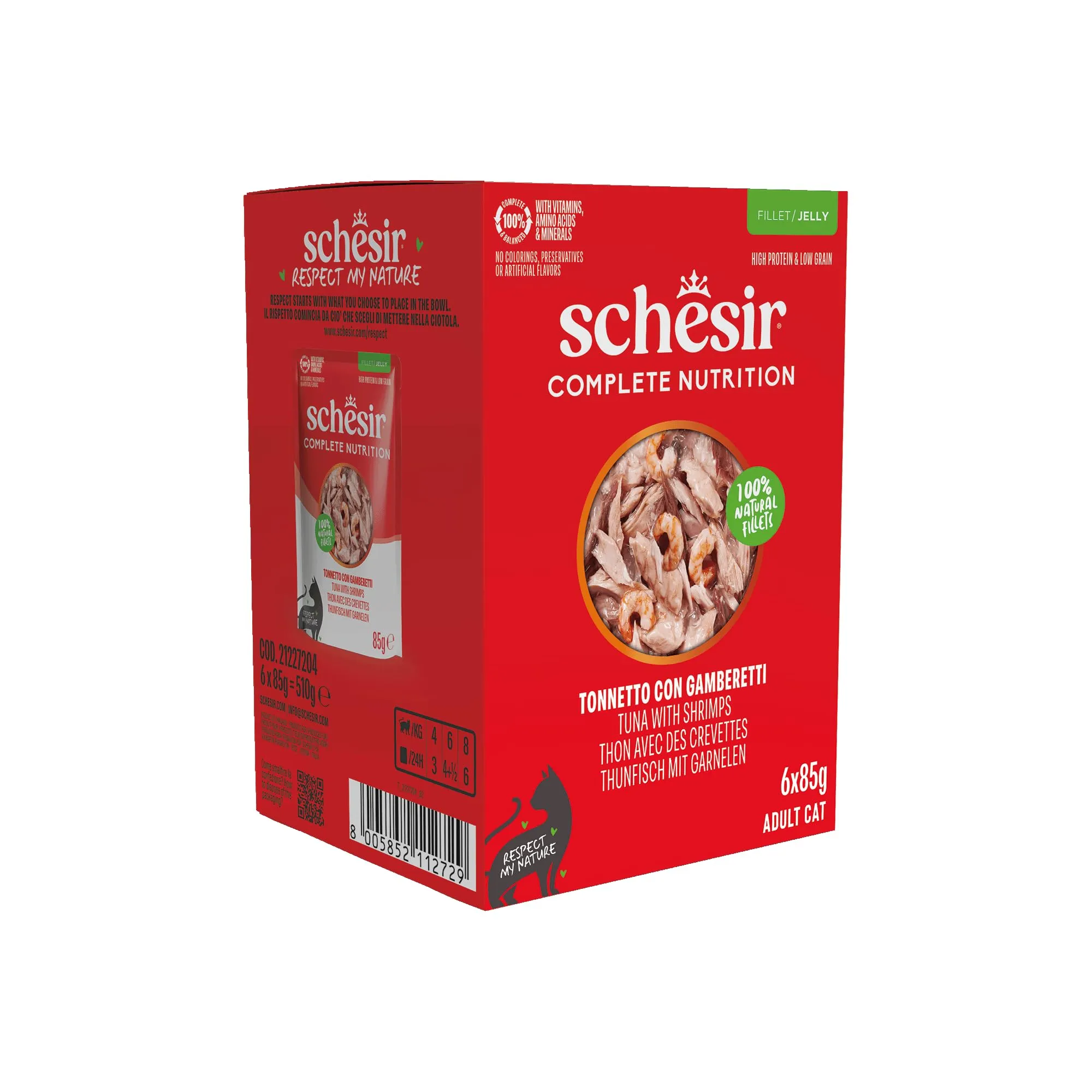 Schesir Tonnetto con Gamberetti in Gelatina, Alimento Umido Completo per Gatti, 6 x 85g - immagine 1