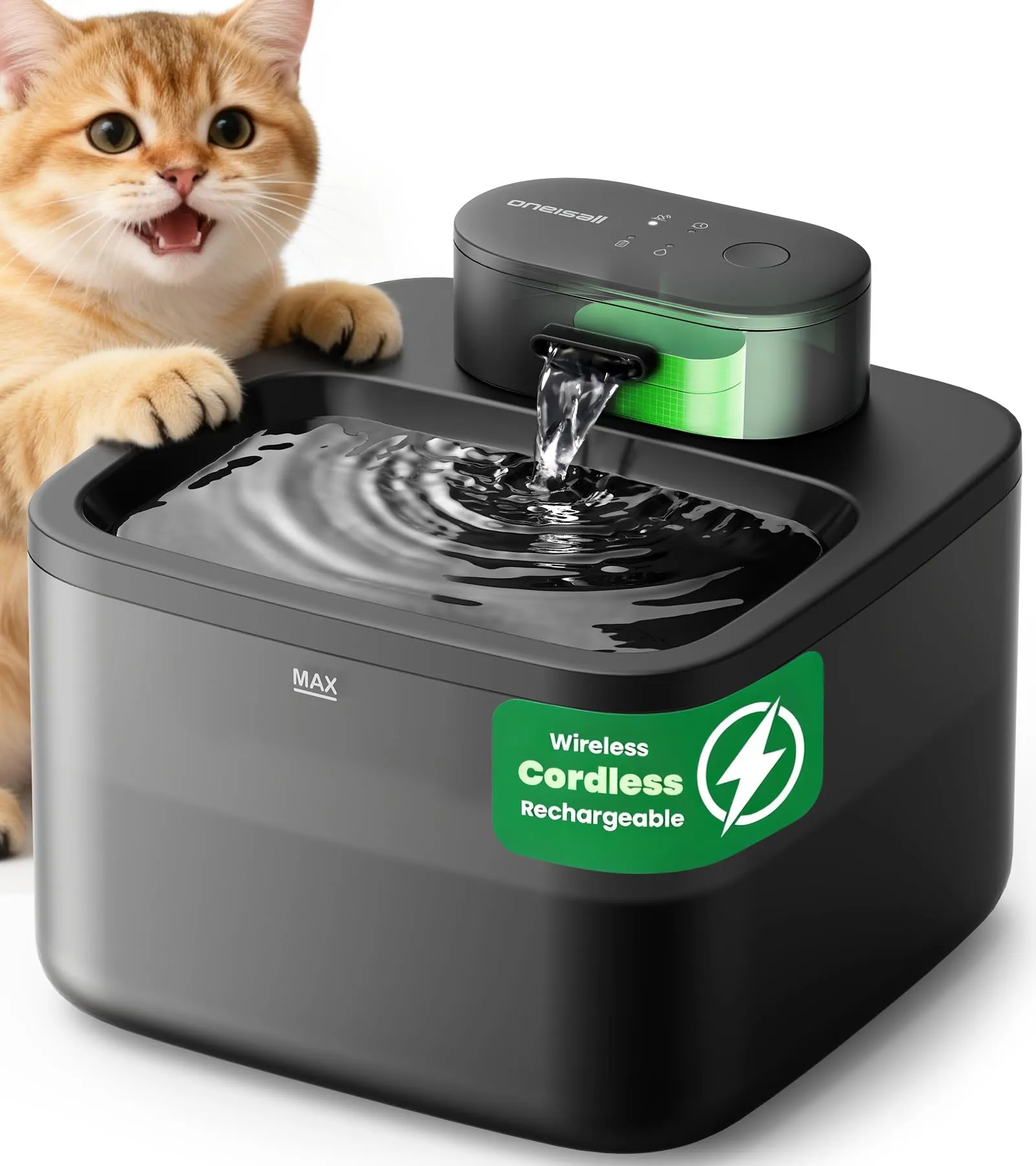 oneisall Fontana per Gatti Senza Fili, 2,2 L con Sensore di Movimento e Pompa SilentFlow, Nera - immagine 1