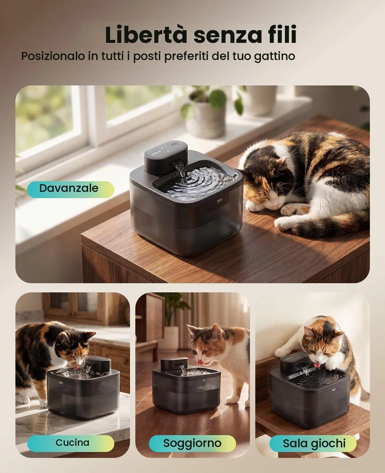 oneisall Fontana per Gatti Senza Fili, 2,2 L con Sensore di Movimento e Pompa SilentFlow, Nera - immagine 2