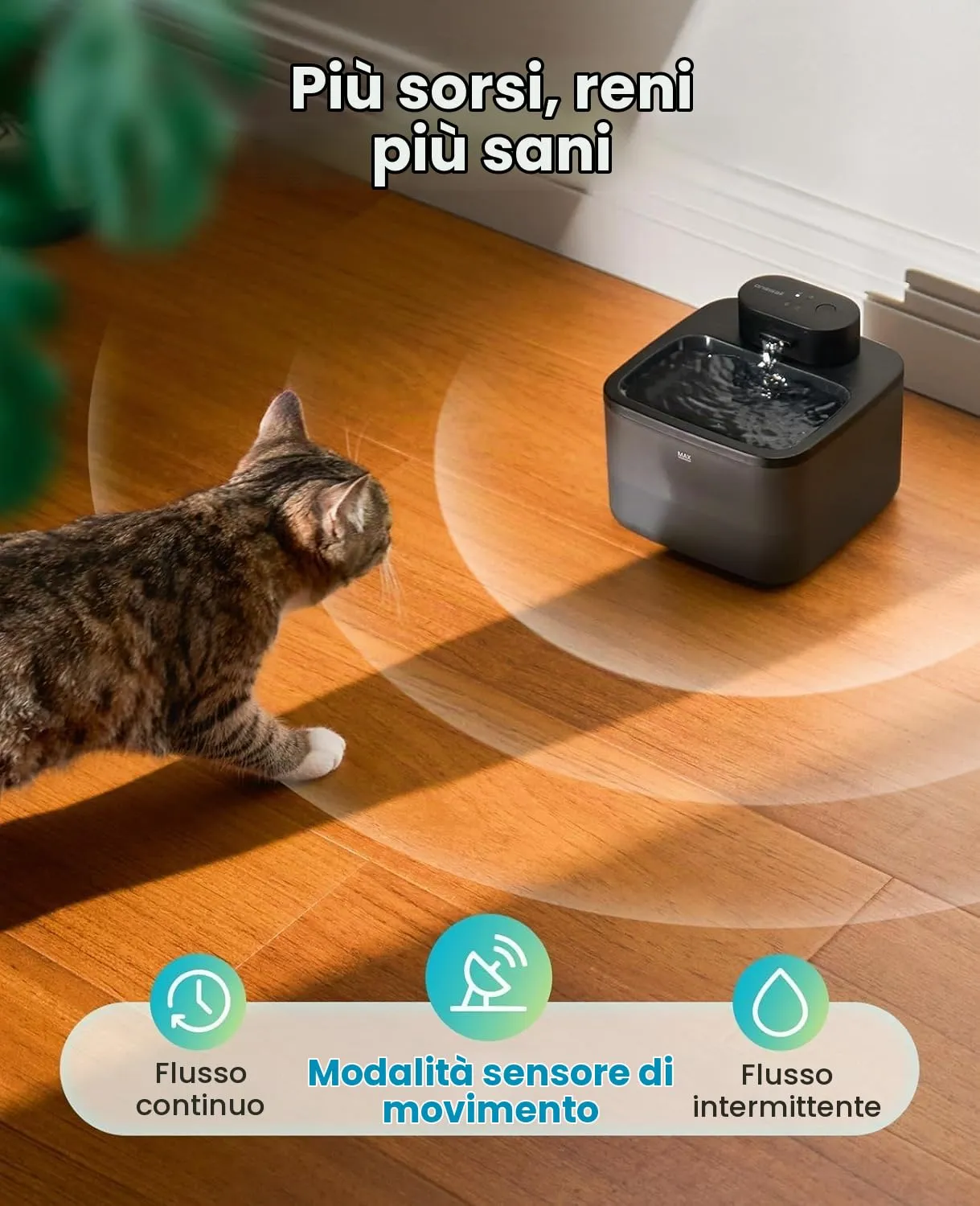 oneisall Fontana per Gatti Senza Fili, 2,2 L con Sensore di Movimento e Pompa SilentFlow, Nera - immagine 5