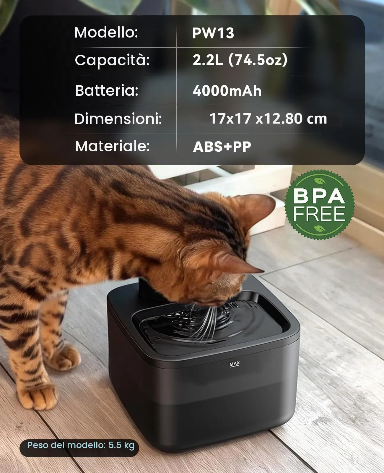 oneisall Fontana per Gatti Senza Fili, 2,2 L con Sensore di Movimento e Pompa SilentFlow, Nera - immagine 8